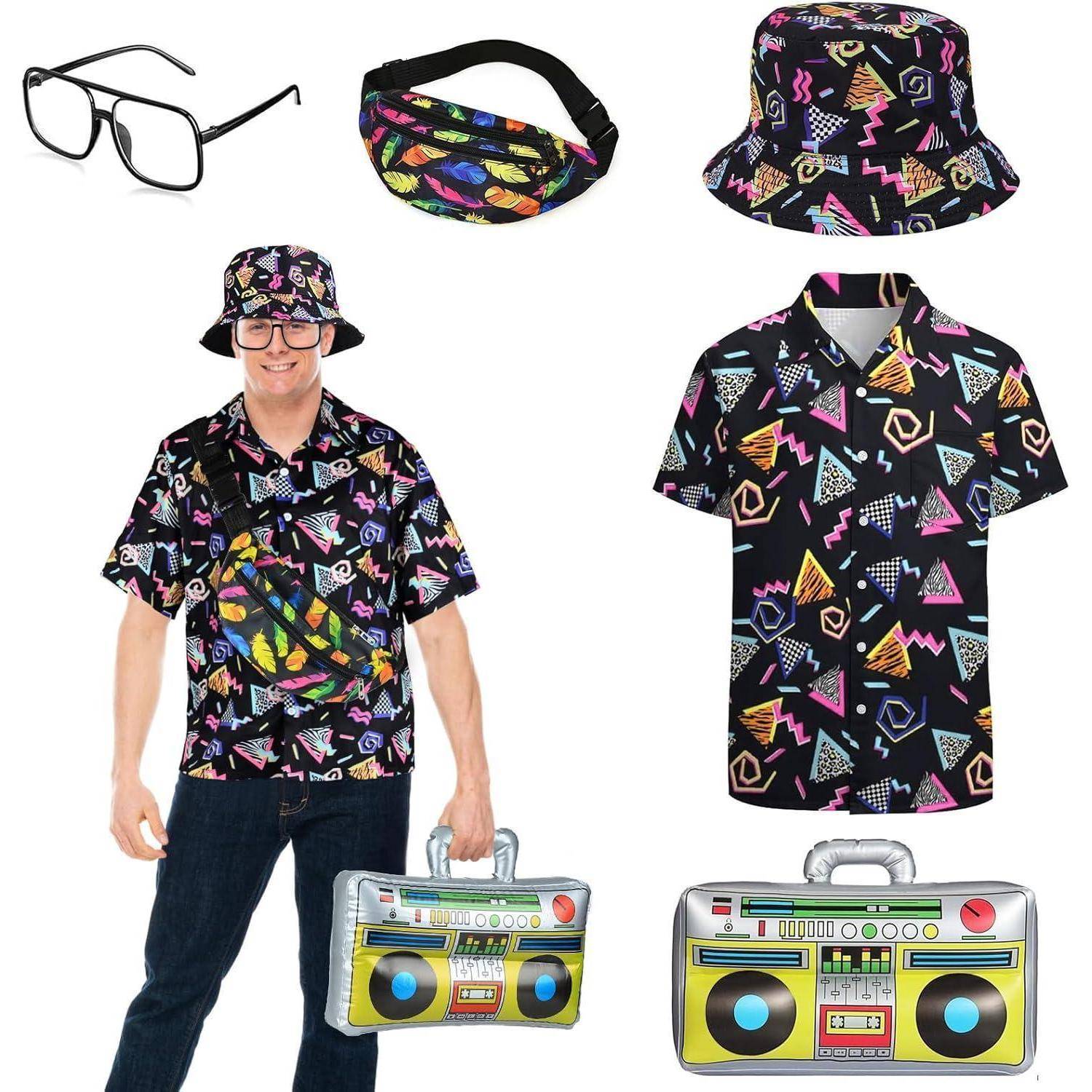 Eine Person in Kleidung aus den 80er Jahren mit einem bunten geometrischen Muster-Hemd, einem Fischerhut und einer Bauchtasche, die einen Retro-Ghettoblaster trägt.
