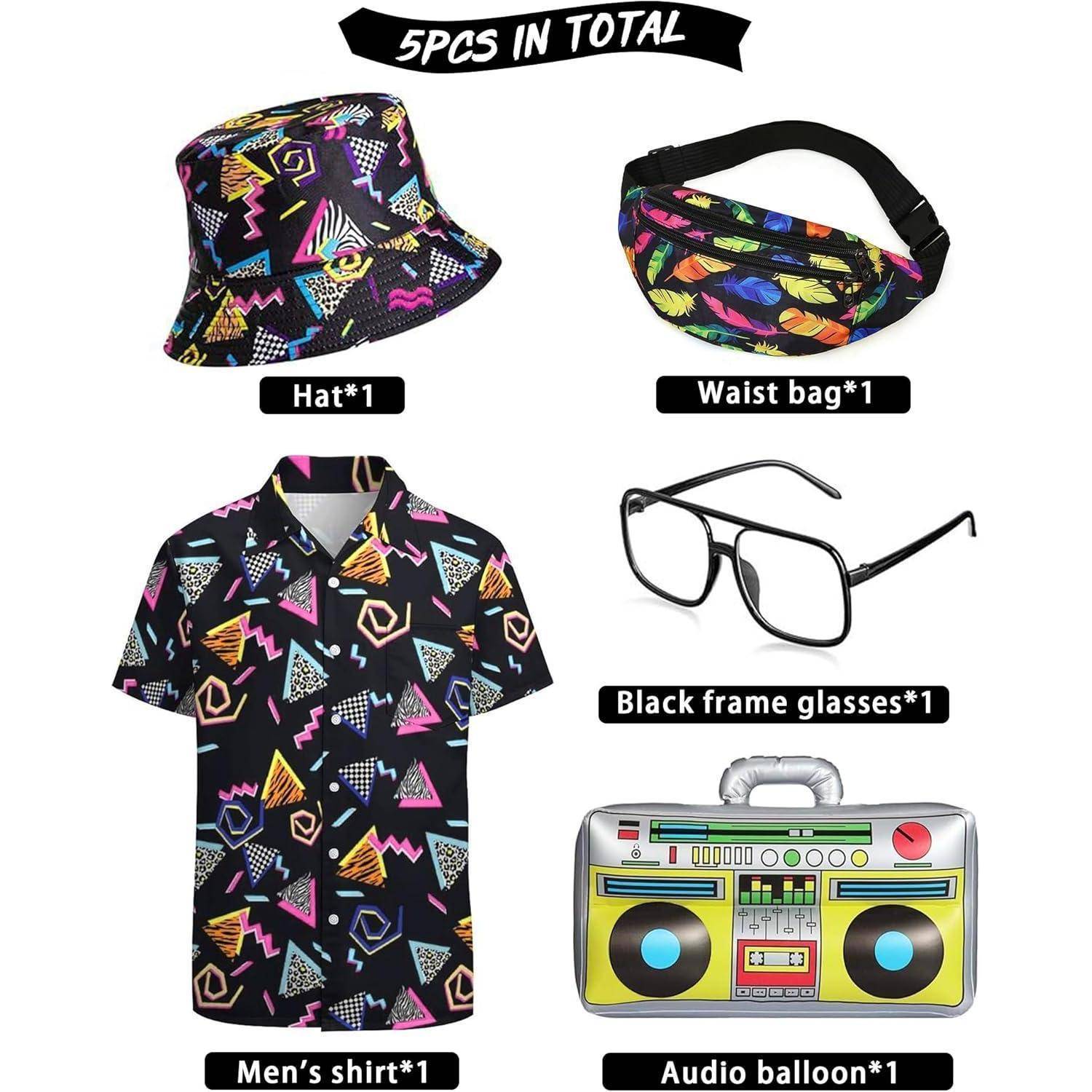 80er-Jahre Retro-Outfit mit bunter Mütze, Gürteltasche, Herrenhemd, schwarzer Rahmenbrille und einem audio-ballonenförmigen Accessoire.