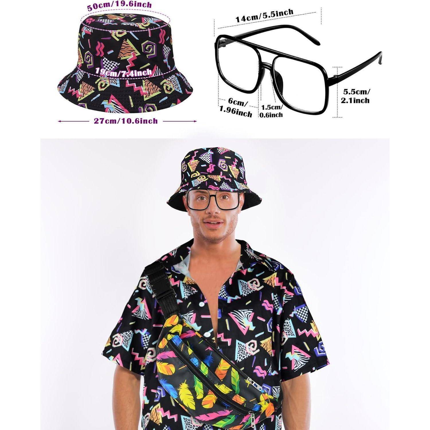 Mann in einem farbenfrohen, aufeinander abgestimmten Outfit mit geometrischem Muster, der einen Fischerhut und eine Umhängetasche trägt. Die Grafik zeigt die Abmessungen von Hut und Brille.
