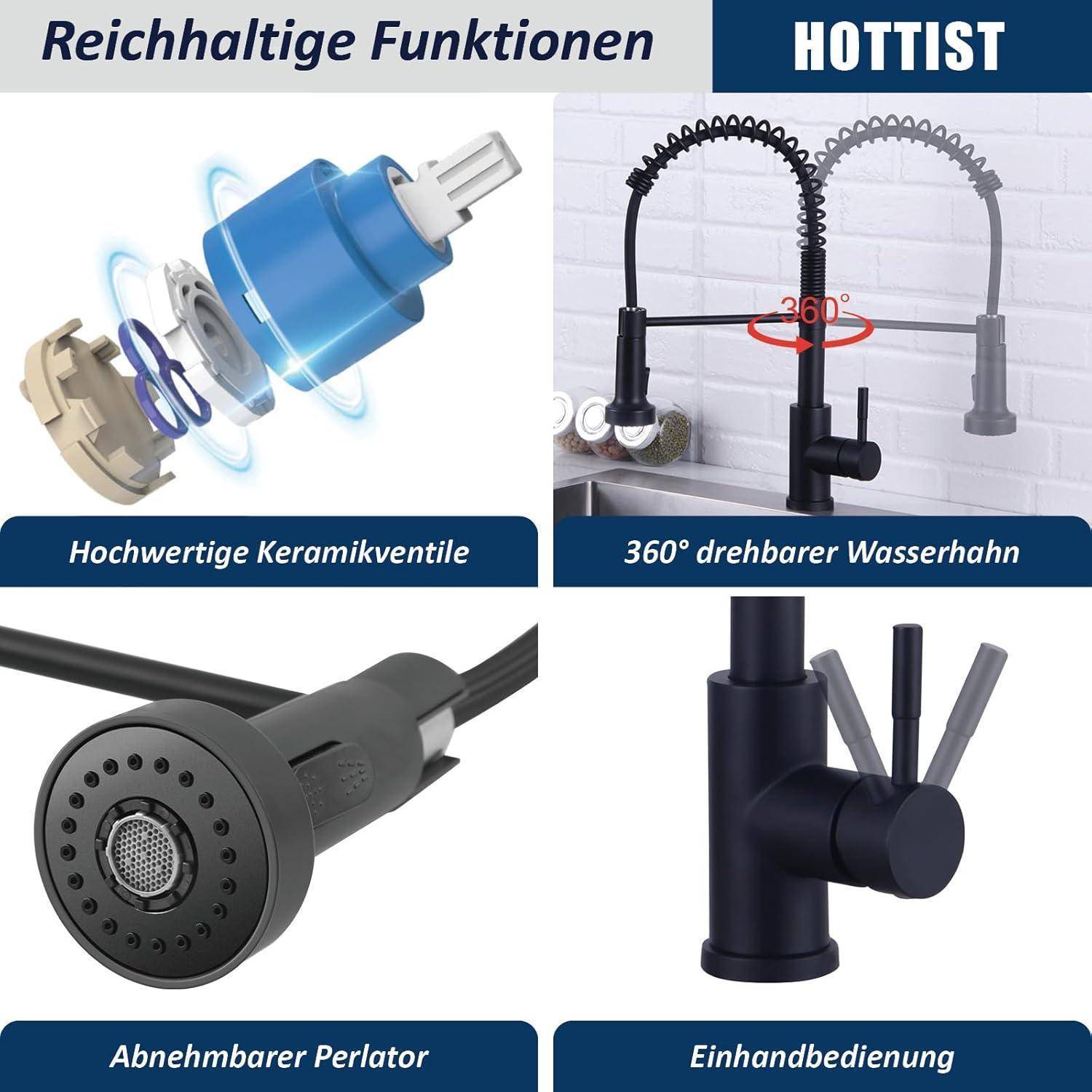 Reichhaltige Funktionen' und 'HOTTIST' Überschrift. Funktionen: hochwertige Keramikventile, 360° drehbarer Wasserhahn, abnehmbarer Luftsprudler, Einhandsteuerung.