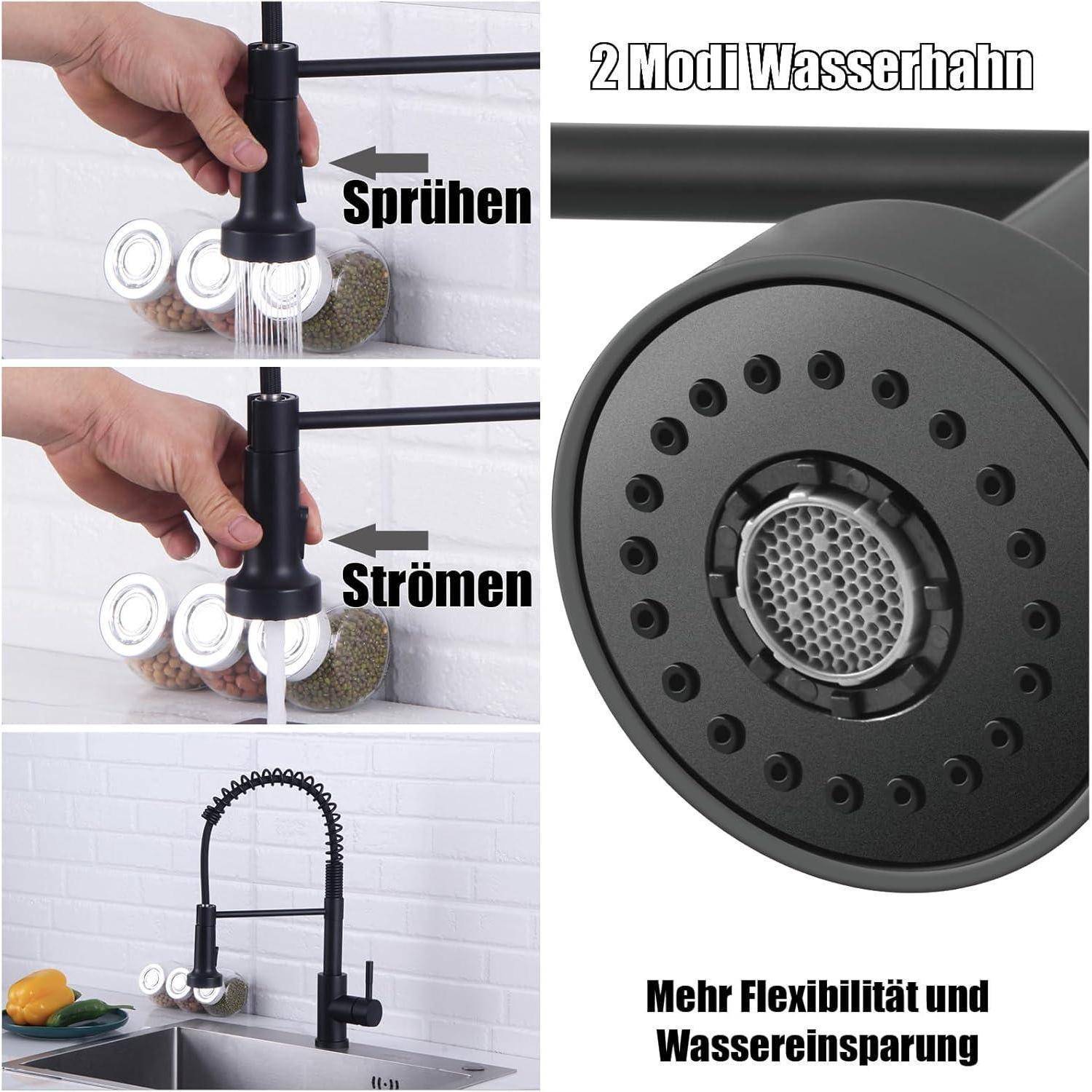 Ein Küchenarmatur mit zwei Modi: Sprühen und Strahl. Bilder zeigen jeden Modus in Aktion. Text lautet „Mehr Flexibilität und Wassereinsparung.