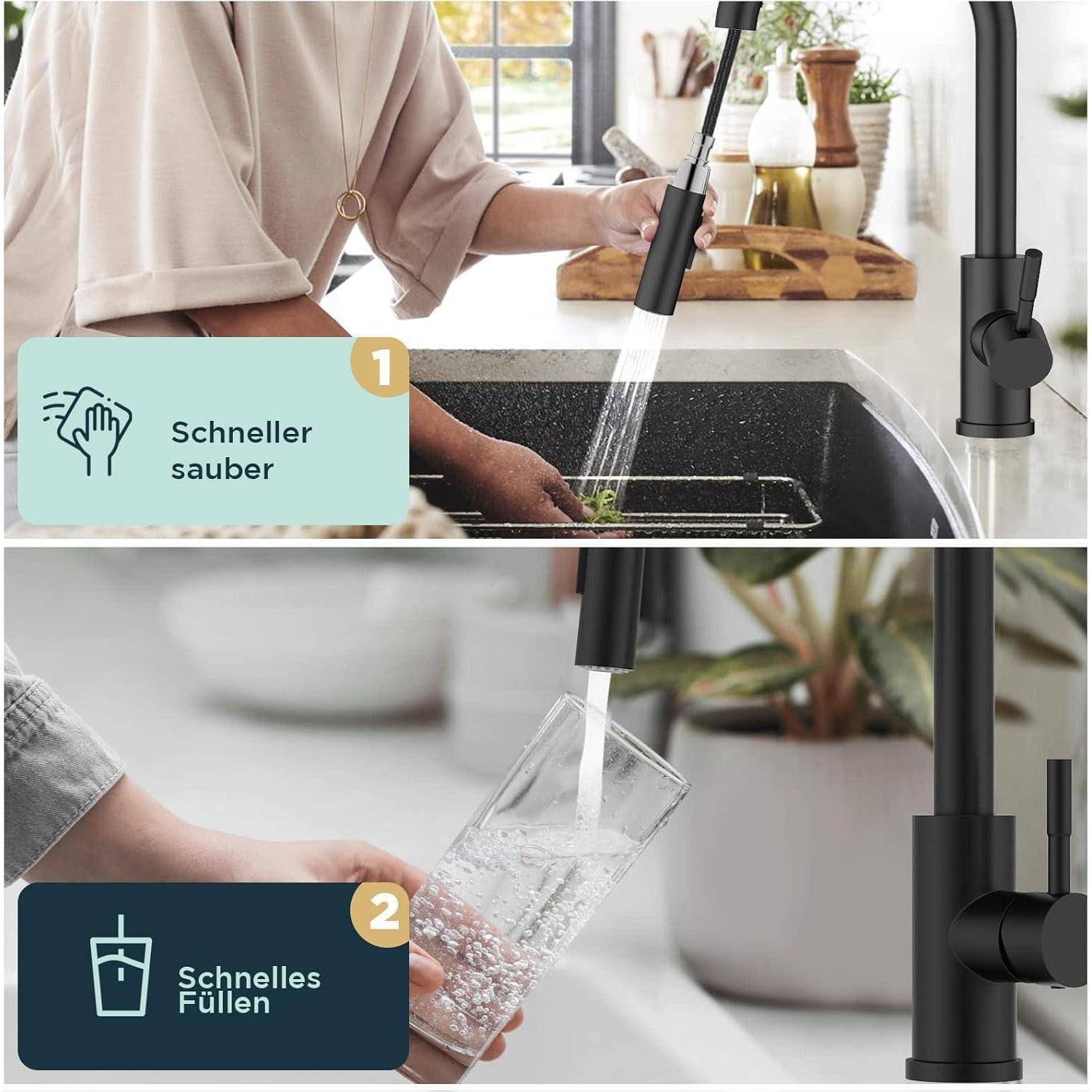 Zwei Bilder zeigen eine Person, die einen Waschbecken mit Wasserhahn reinigt. Oben: 'Schneller sauber' (Quickly clean). Unten: Glas wird mit Wasser gefüllt; 'Schnelles Füllen' (Quick Fill).