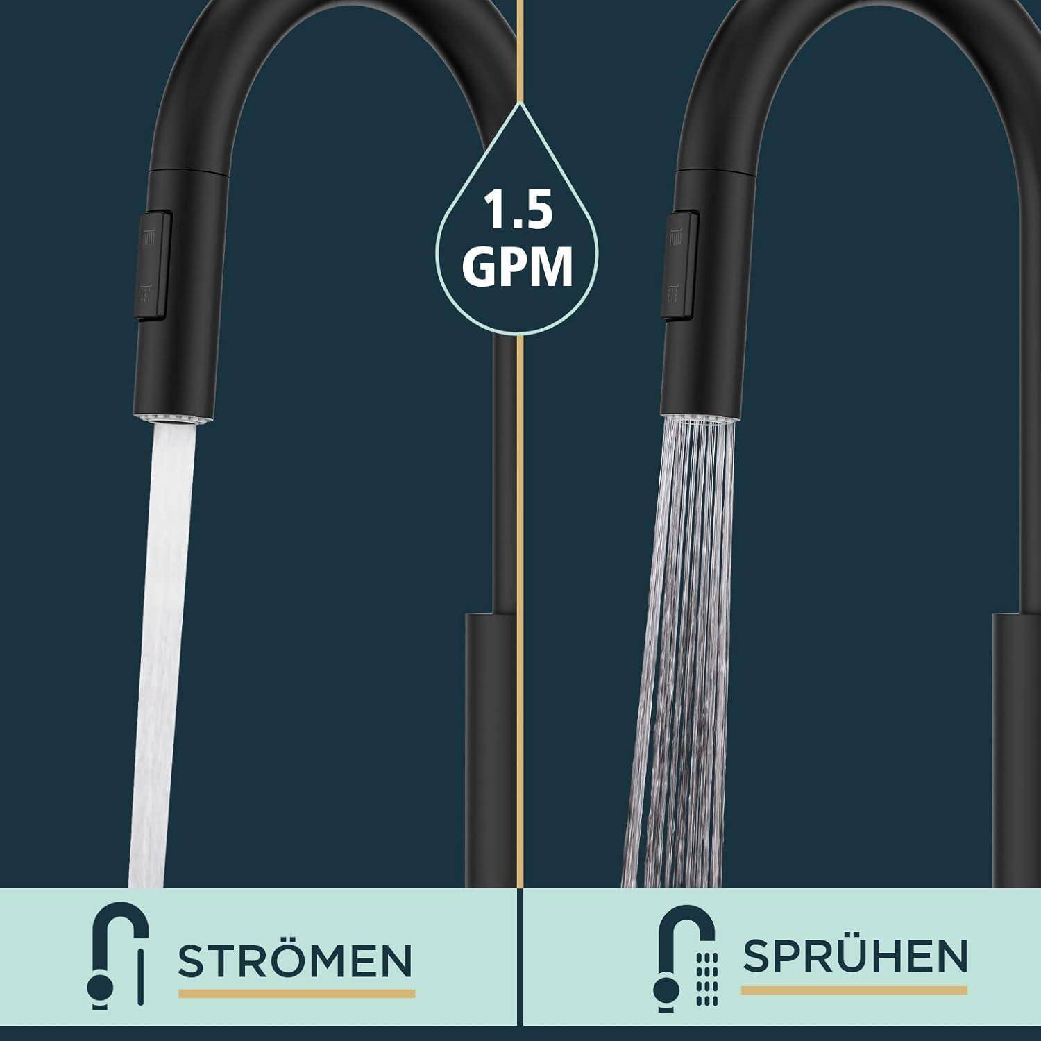 Ein geteiltes Bild mit zwei Wasserstrahlarten von Wasserhähnen: einer mit der Bezeichnung '1,5 GPM' und stetigem Fluss, der andere ein Sprühnebel. Text: 'STRÖMEN' und 'SPRÜHEN'.