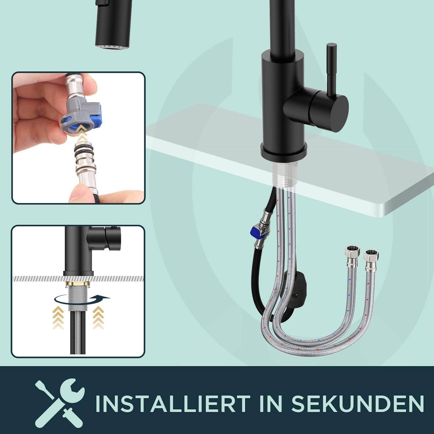 Küchenarmatur-Installation in mehreren Stufen dargestellt: Schläuche anschließen, Befestigung unter der Spüle. Bildunterschrift lautet: 