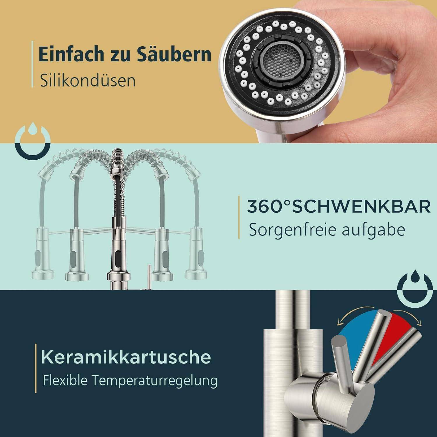 Eine Hand hält einen Wasserhahn. Text: 'Leicht zu reinigen - Silikon-Düsen', '360° SCHWENKBAR - Mühelose Aufgabe', 'Keramikkartusche - Flexible Temperaturregelung'.