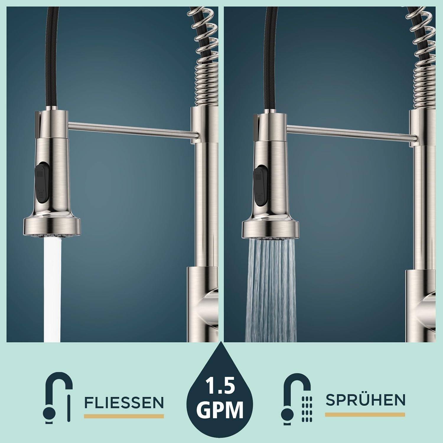 Wasserhahn mit zwei Sprühmodi: ein gleichmäßiger Strahl links und ein Sprühmodus rechts. Text unten: 'FLIESSEN' und 'SPRÜHEN'.