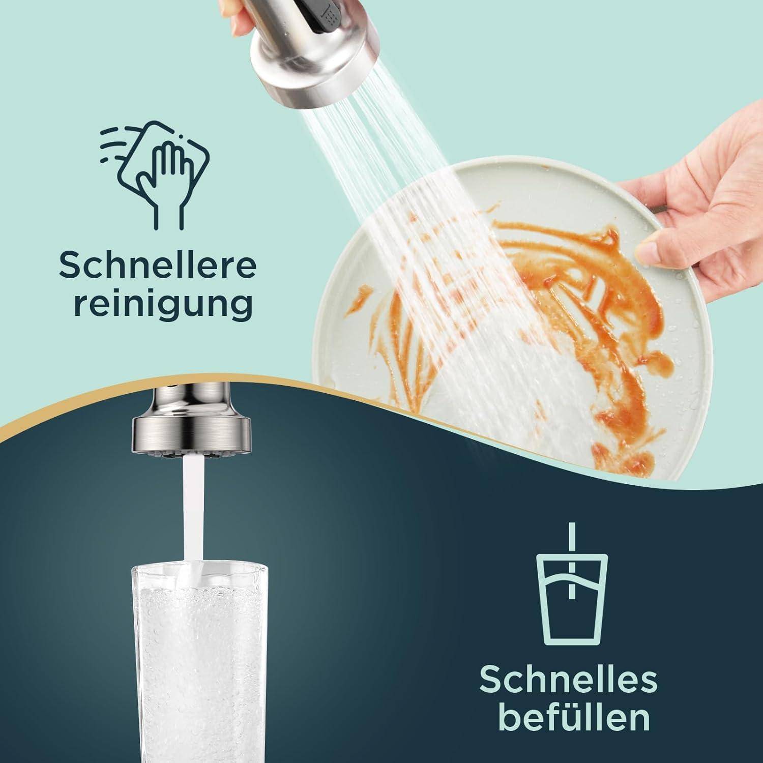 Eine Hand spült einen Teller mit einer Brausearmattur und hebt dabei 