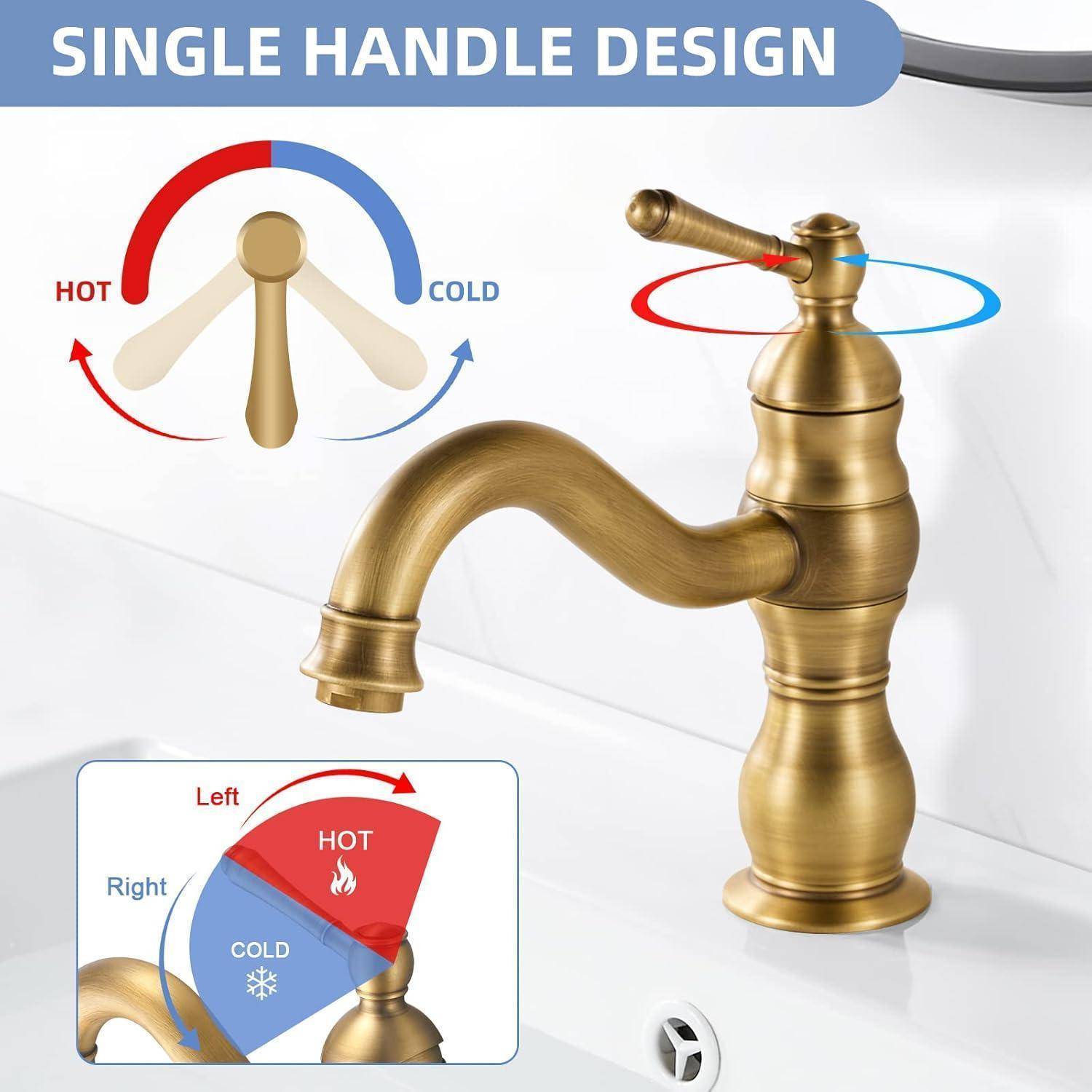 Ein Wasserhahn aus Bronze mit einem Griff auf einem weißen Waschbecken, mit einer Skizze, die eine Drehung im Uhrzeigersinn für heißes Wasser und eine Drehung gegen den Uhrzeigersinn für kaltes Wasser zeigt.