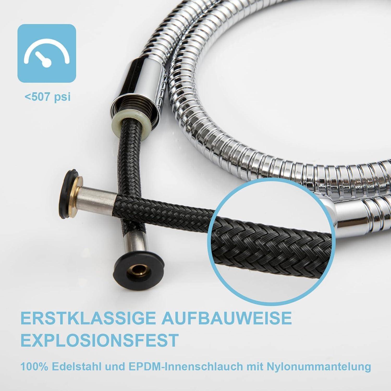 A metal hose with text: Erstklassige Aufbaueise, Explosionsfest, 100% Edelstahl und EPDM-Innenschlauch mit Nylonummantelung.