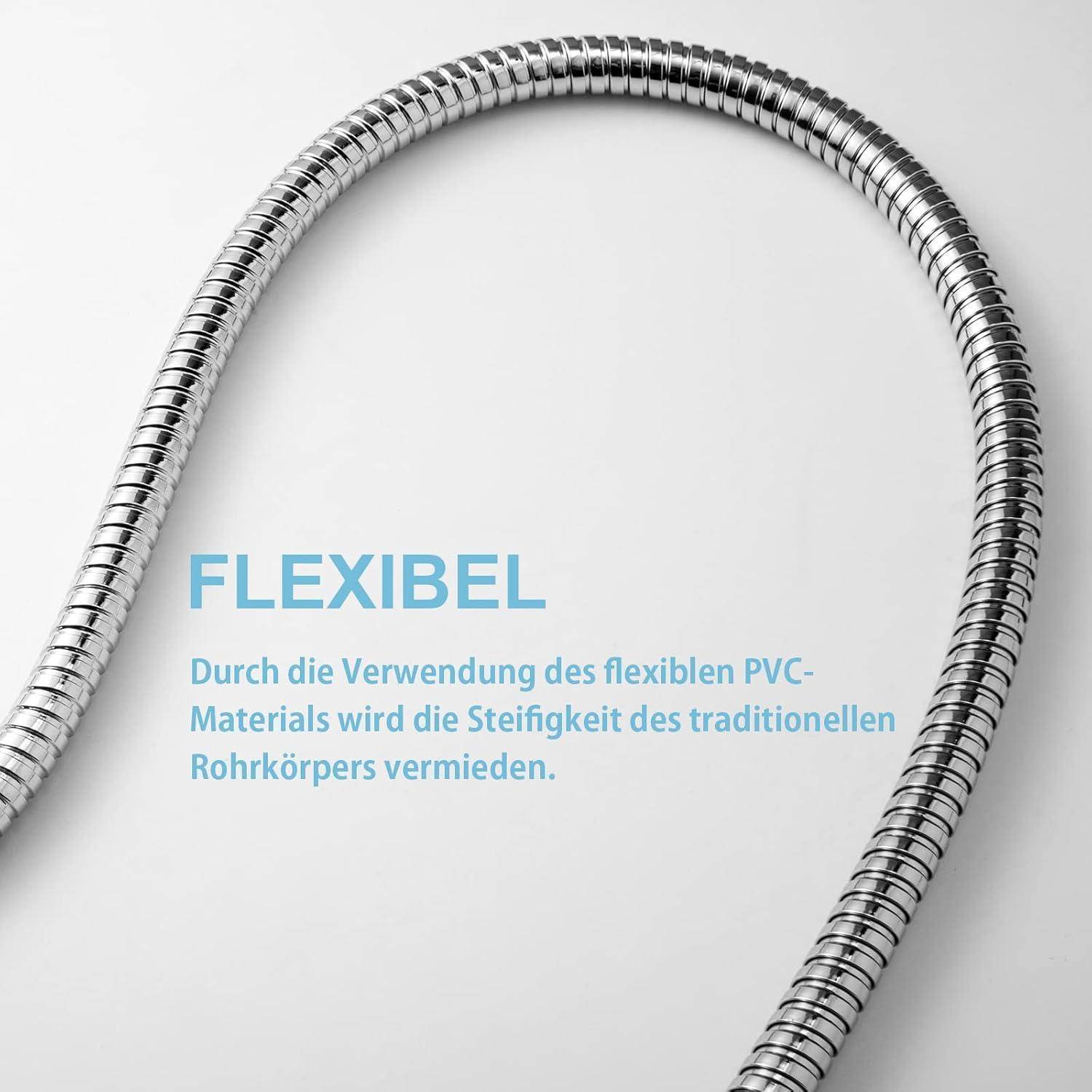Ein flexibler Metallschlauch vor einem weißen Hintergrund. Blauer Text liest sich: 