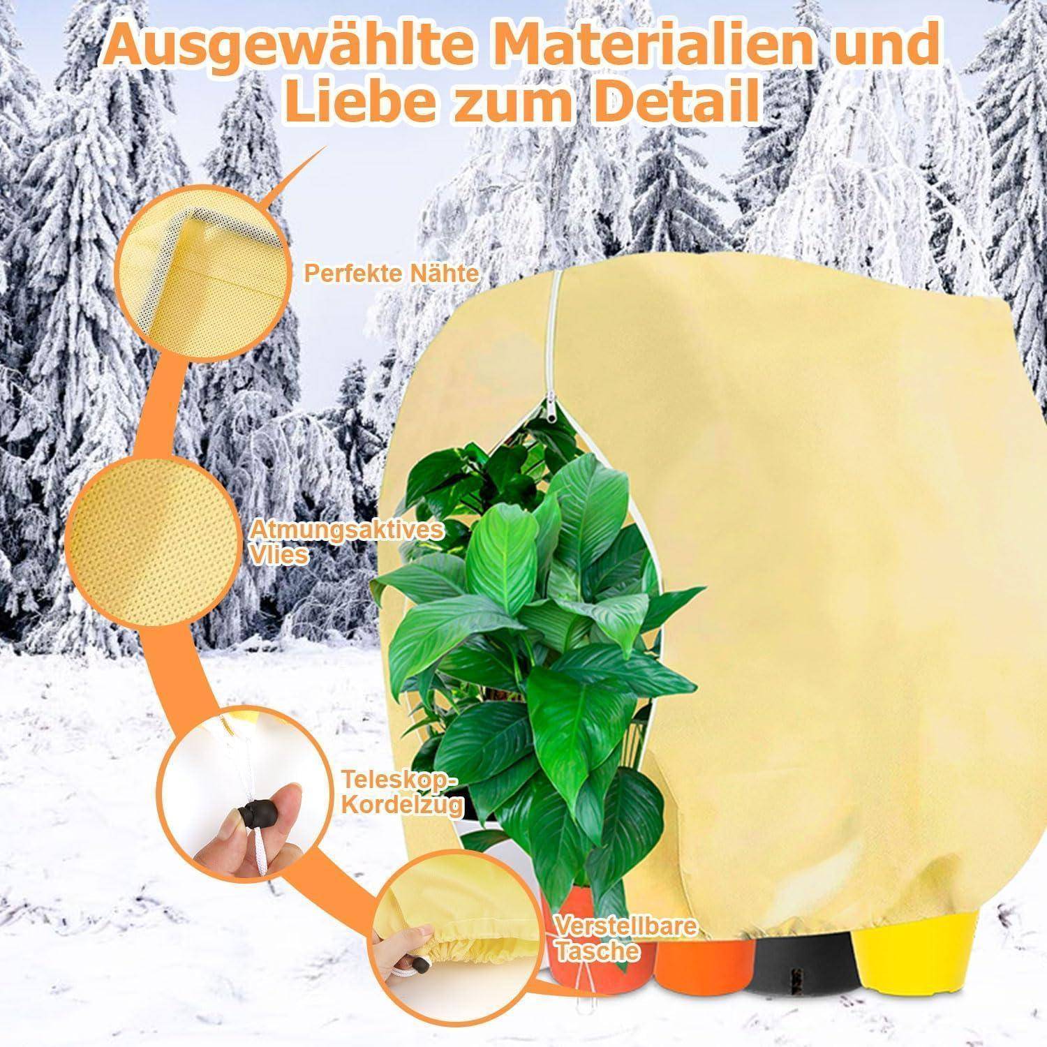Eine gelbe Pflanzenhülle mit sichtbaren Nähten und verstellbaren Elementen, hervorgehoben zwischen verschneiten Bäumen. Deutscher Text beschreibt ihre Qualität.