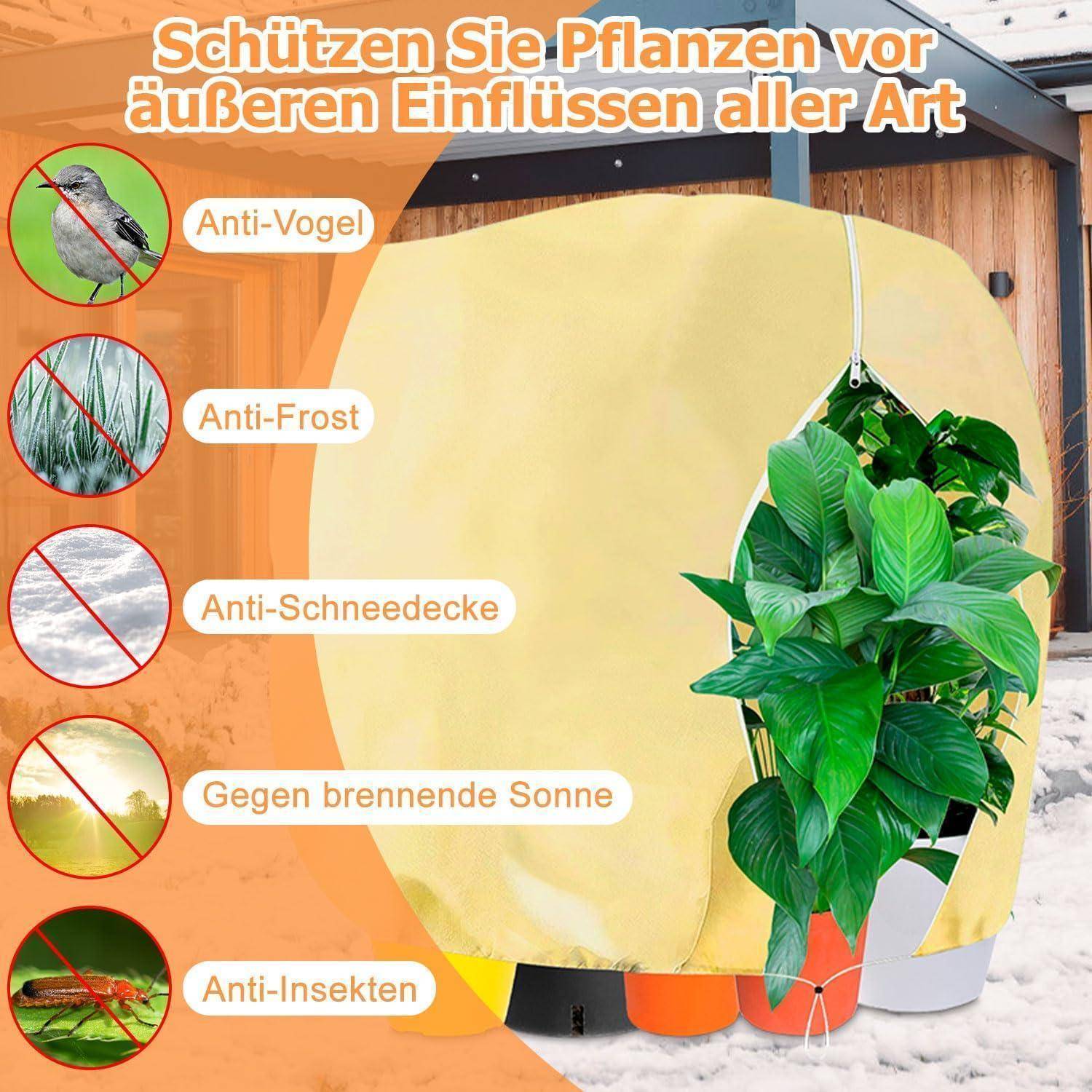 Eine Pflanze ist draußen mit einem gelben Schutzgewebe bedeckt, umgeben von Symbolen und Text, die Schutz gegen Vögel, Frost, Schnee, Sonne und Insekten anzeigen.