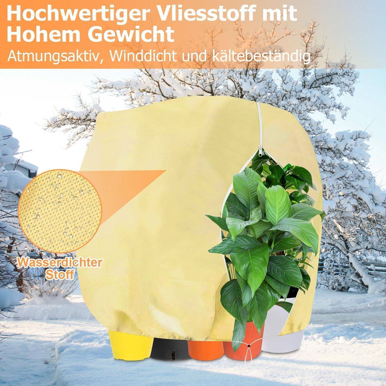 Eine Pflanze, die in einen gelben Stoff eingewickelt ist, der atmungsaktiv, winddicht und kältebeständig ist. Der Text hebt 'Hoher Gewicht' und 'Wasserdichter Stoff' hervor.