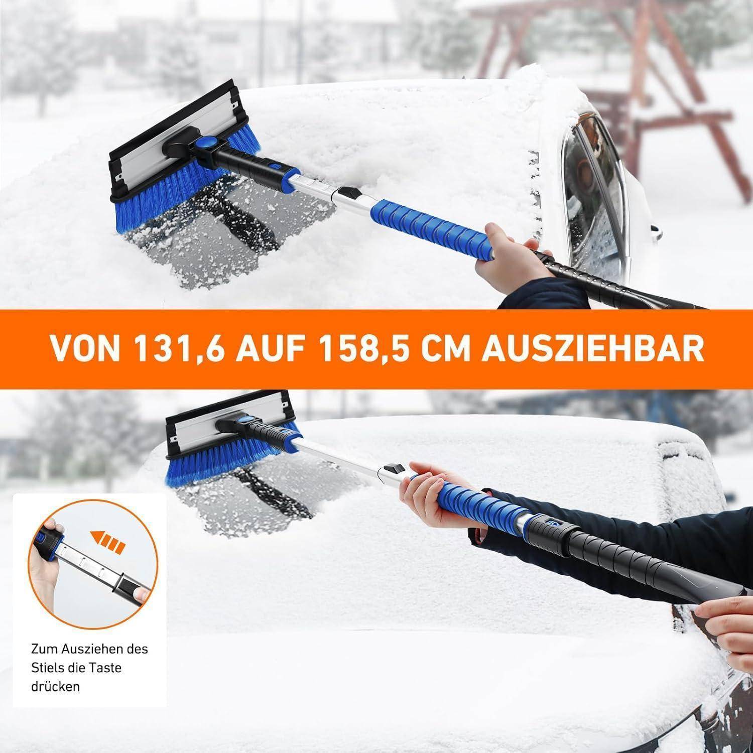 Eine Person verwendet eine ausziehbare Schneebürste, um Schnee von der Windschutzscheibe eines Autos zu entfernen. Text liest: 'VON 131,6 AUF 158,5 CM AUSZIEHBAR'.