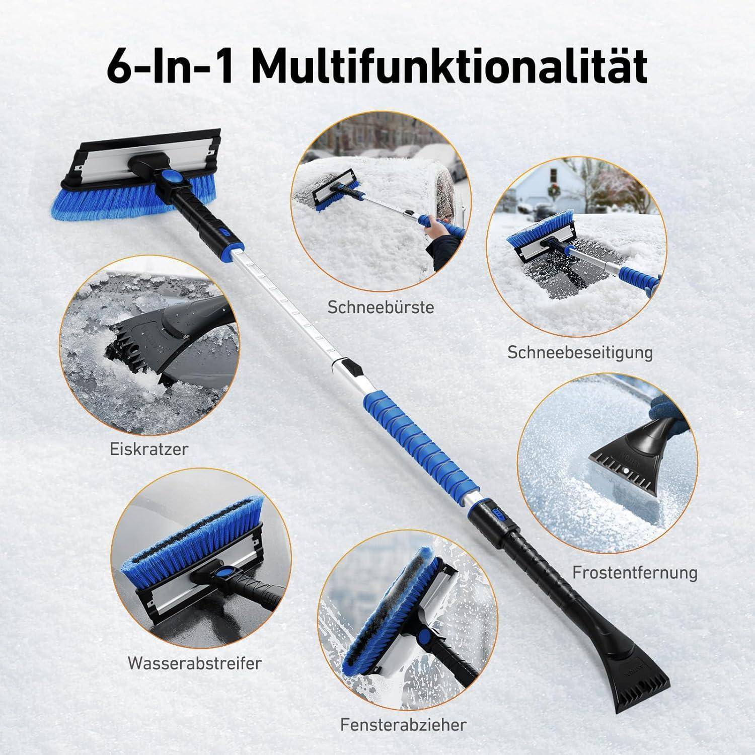 6-in-1 Multifunktionalität' Schneewerkzeug mit auswechselbaren Teilen: Schneebürste, Eiskratzer, Frostentfernung, Schneeentfernung, Wasserabstreifer, Fensterwischen.