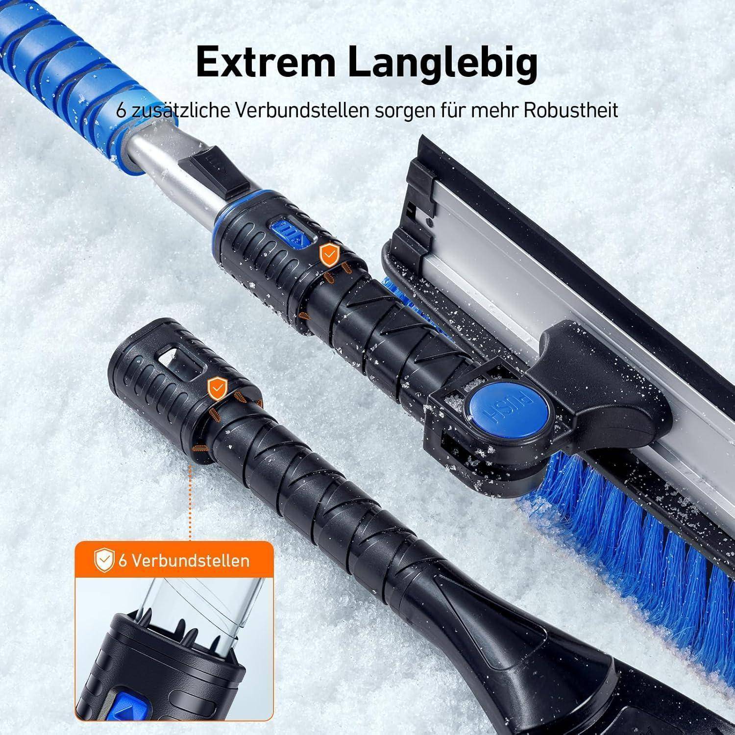 Schneebürste mit blauen Borsten und robusten Verbindern erhöht die Langlebigkeit. Text liest sich 'Extrem Langlebig' und zeigt sechs Verbindungspunkte.