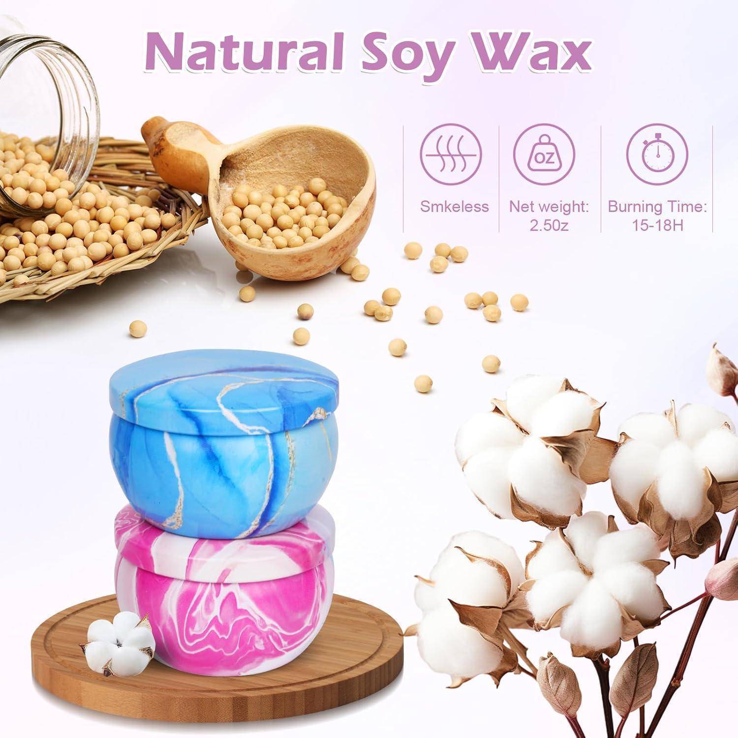 Sojawachskerzen, rauchfrei, 2,5 oz, 15-18 Stunden Brenndauer. Blaue und rosa marmorierte Kerzen, Sojabohnen und Baumwolle neben Produktinformationen abgebildet.