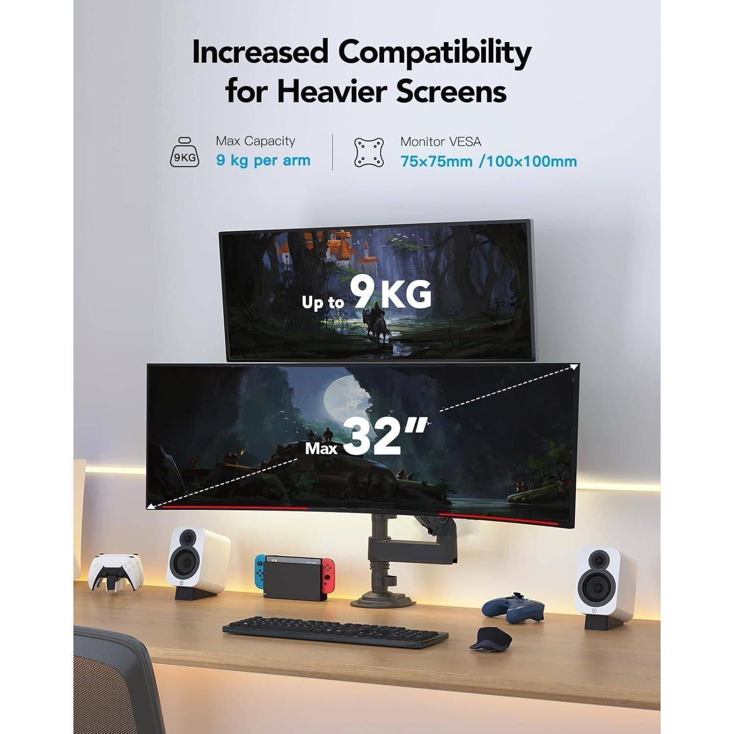 Erhöhte Kompatibilität für schwerere Bildschirme mit einer Monitorkapazität von bis zu 9 kg und einer Maximalgröße von 32 Zoll, geeignet für VESA-Halterungen mit 75x75mm und 100x100mm Lochabständen.