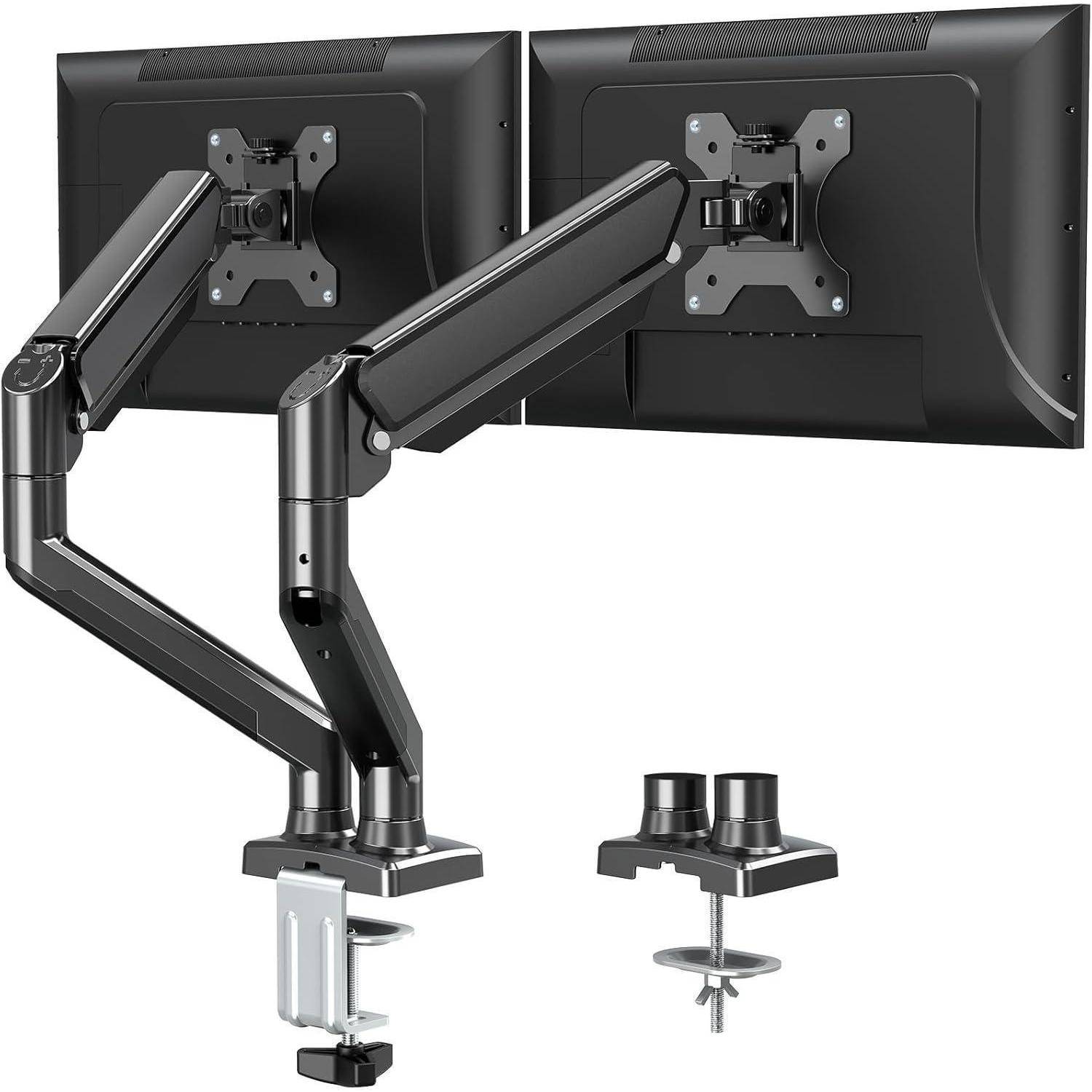 Doppel-Monitorarmständer mit verstellbaren Armen, Befestigungsmaterial und Klemmvorrichtungen, entwickelt zum Halten und Positionieren von zwei Computermonitoren auf einem Schreibtisch.