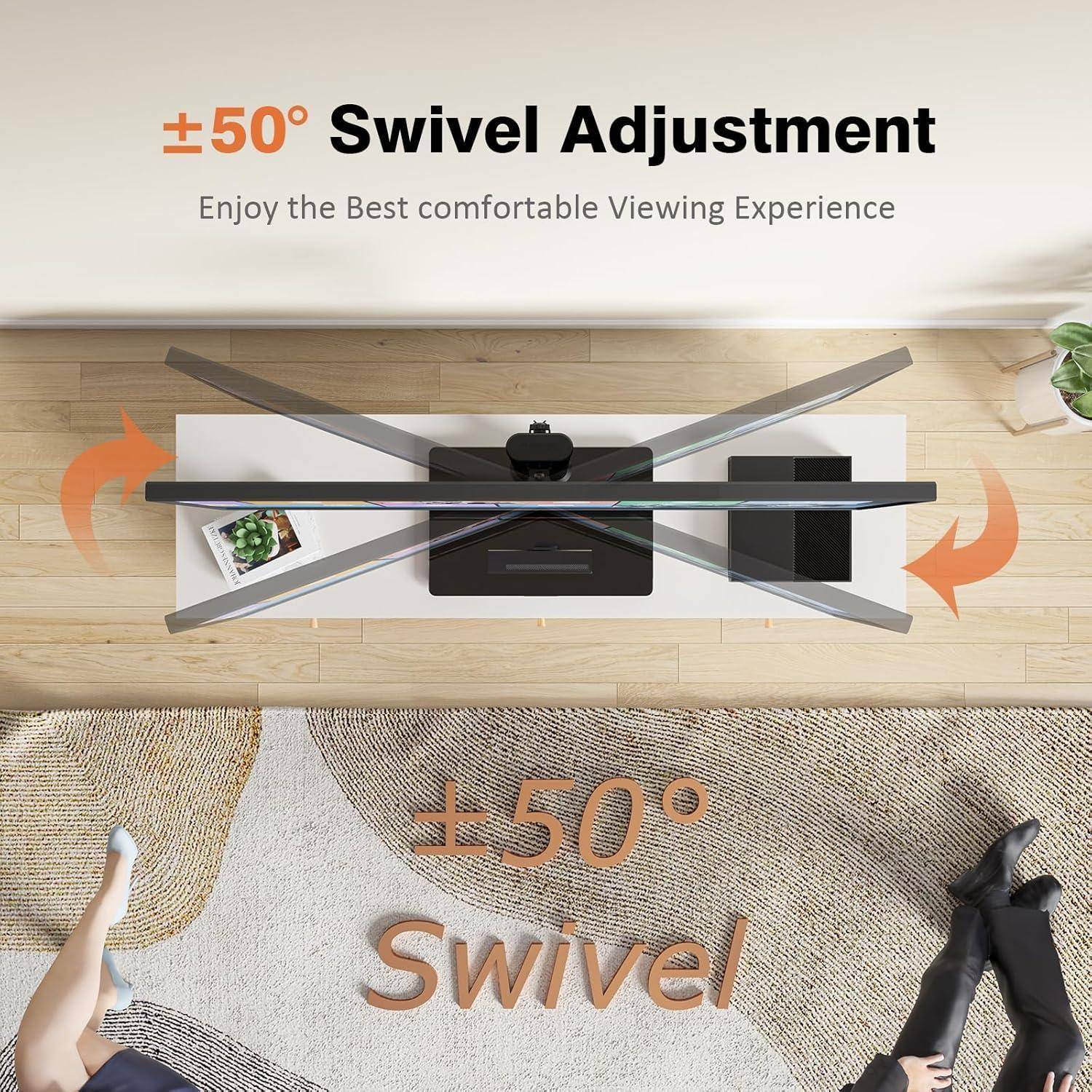 Draufsicht eines Wohnzimmersetups mit Text '±50° Schwenkverstellung', der eine Funktion des Fernsehständers für optimale Sichtwinkel hervorhebt.