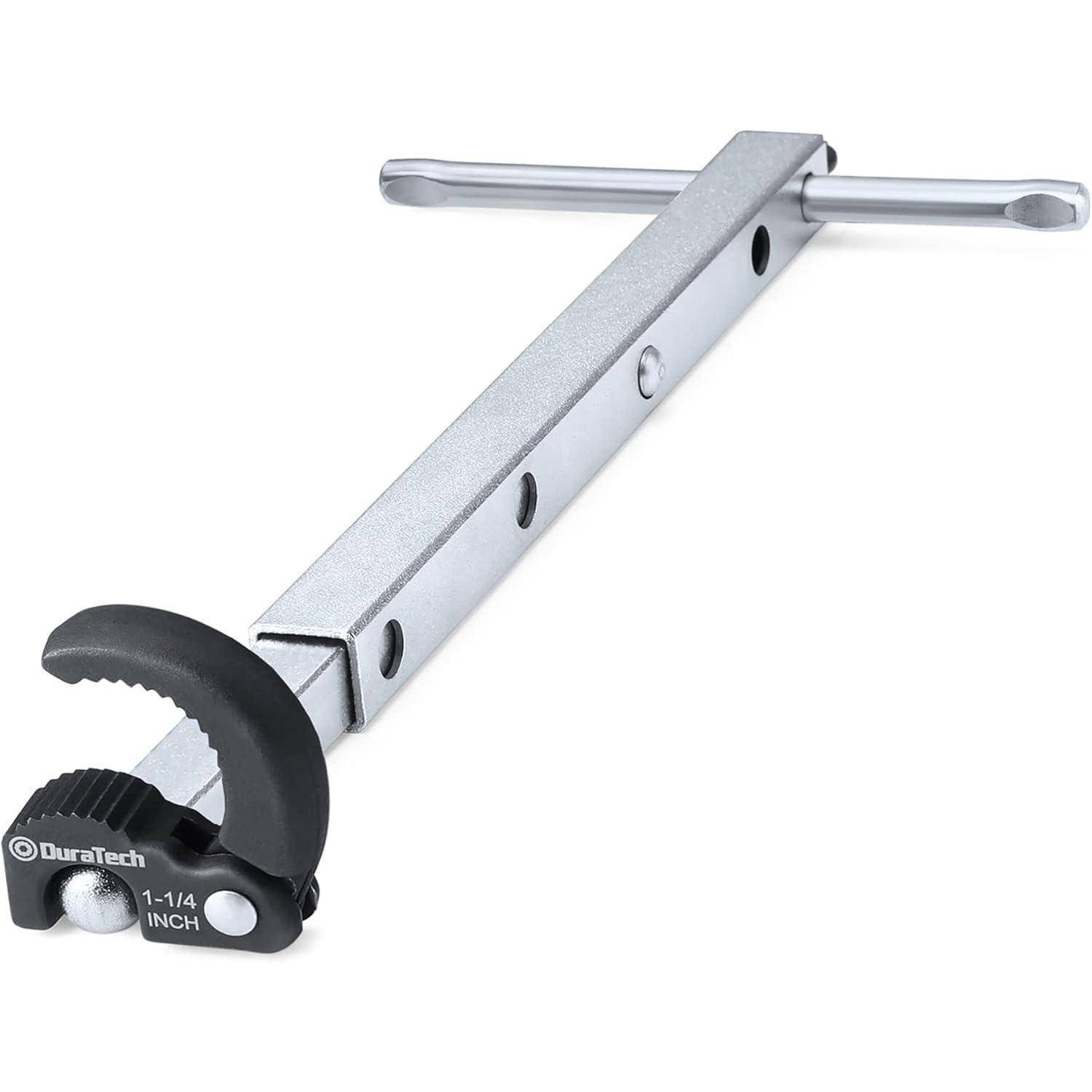 Ein verstellbarer Rohrzange mit langem Griff und einem 1-1/4 Zoll breiten Maul, entwickelt für das Erreichen enger Räume, hergestellt von DuraTech.