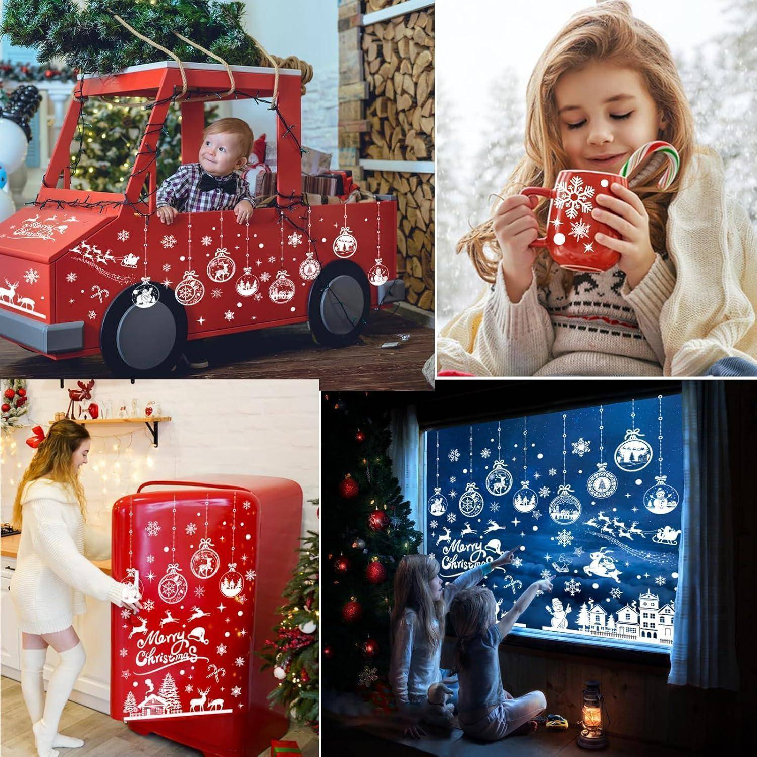 Eine Collage von weihnachtlichen Szenen: ein Kind in einem roten Spielzeugauto, ein anderes mit einer Tasse in der Hand, eine Person neben einem roten Kühlschrank und zwei Kinder an einem festlich geschmückten Fenster.