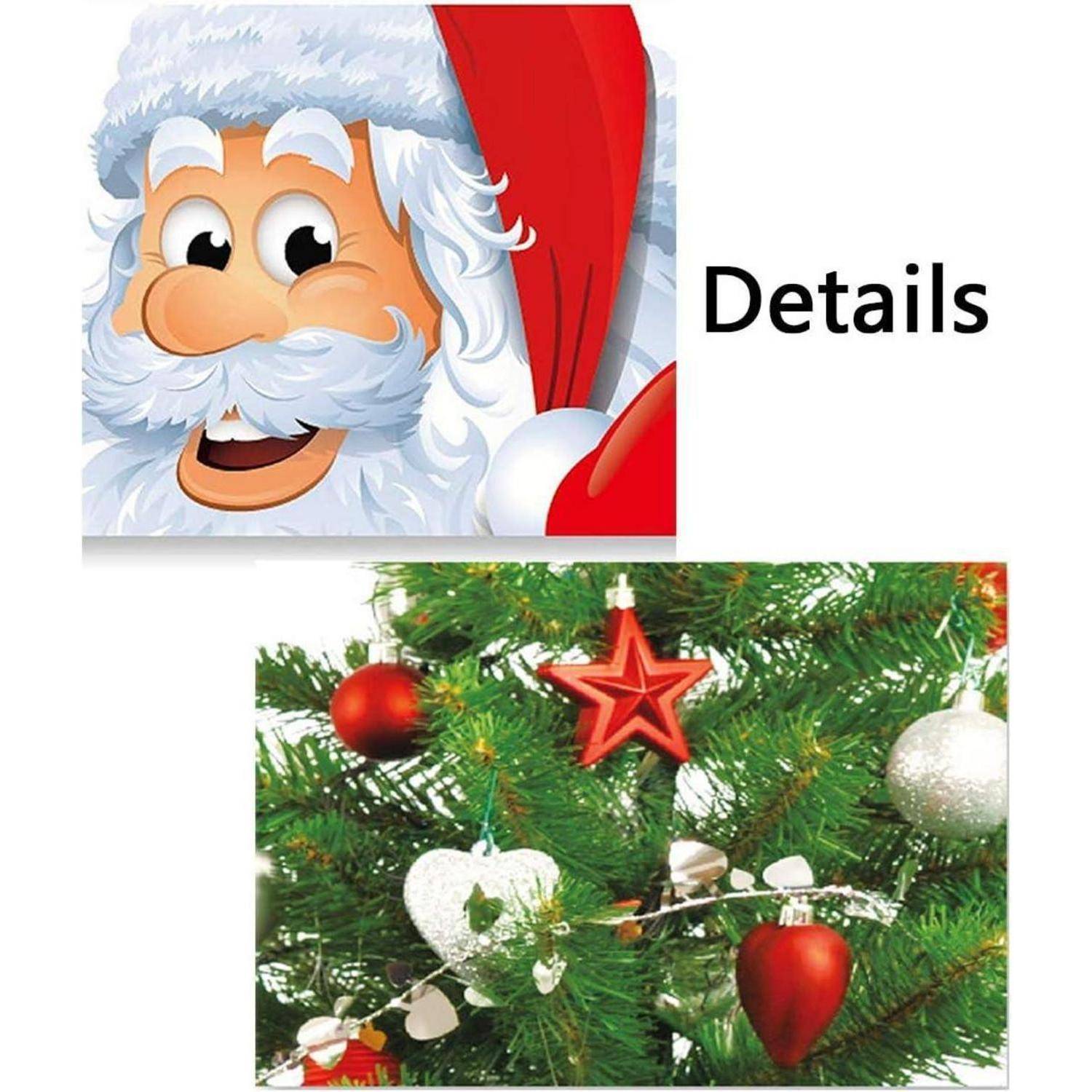 Details': Cartoon-Weihnachtsmanngesicht und geschmückter Weihnachtsbaumzweig mit roten und weißen Kugeln und einem Stern.