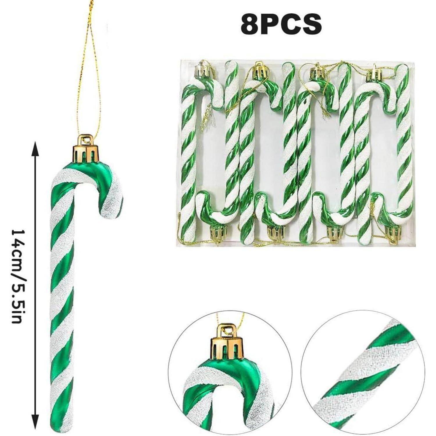 8 Stück Zuckerstangen-Christbaumschmuck, grün und weiß gestreift, 14 cm/5,5 Zoll hoch, mit goldener Aufhängeschlaufe, in Verpackung und Detail abgebildet.