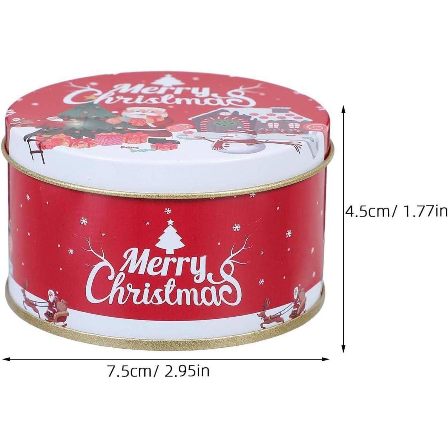 Runde Blechdose mit 'Frohe Weihnachten' Schriftzug, rot mit festlichen Designs. Abmessungen: 7,5 cm Breite, 4,5 cm Höhe.