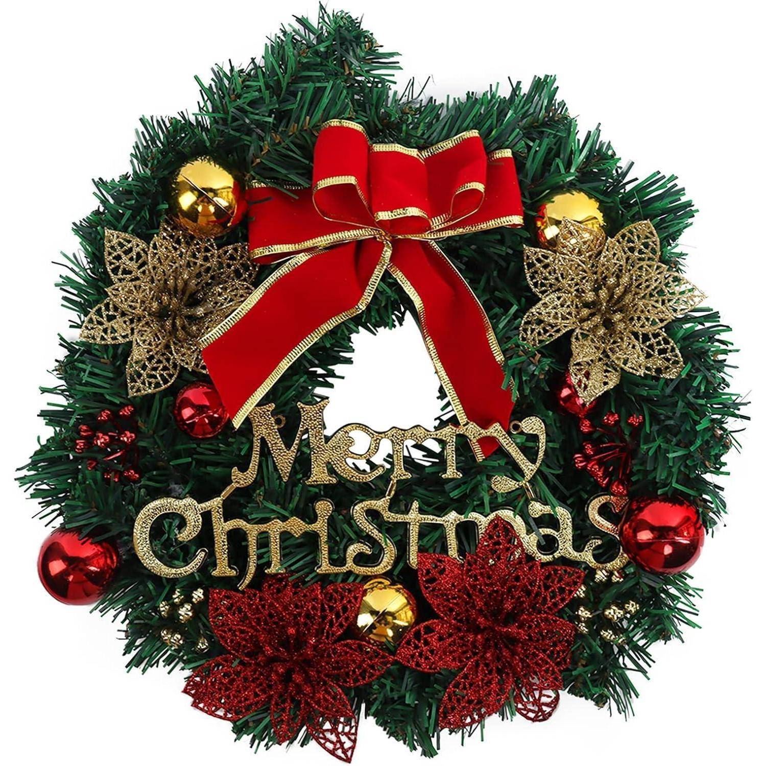 Ein festlicher Kranz mit einer roten Schleife, gold- und rotfarbenen Christbaumkugeln und goldenem 'Frohe Weihnachten'-Schriftzug, der eine Feiertagsfeier symbolisiert.
