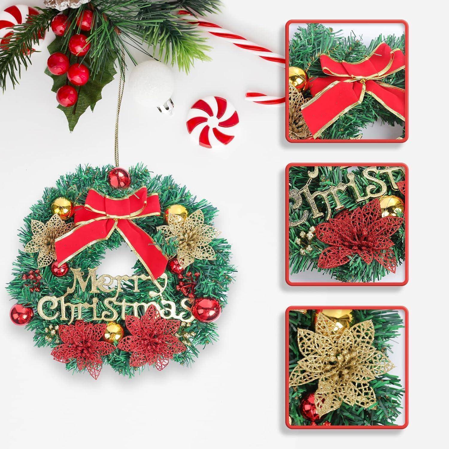 Weihnachtskranz mit rotem Band, goldener Aufschrift 