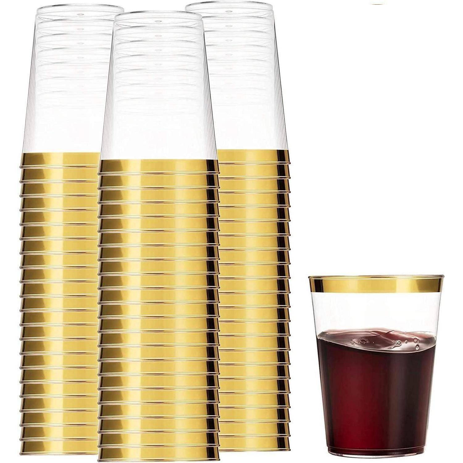 50er Pack Einwegbecher 360ml Goldrand Kunststoff Trinkbecher Elegante