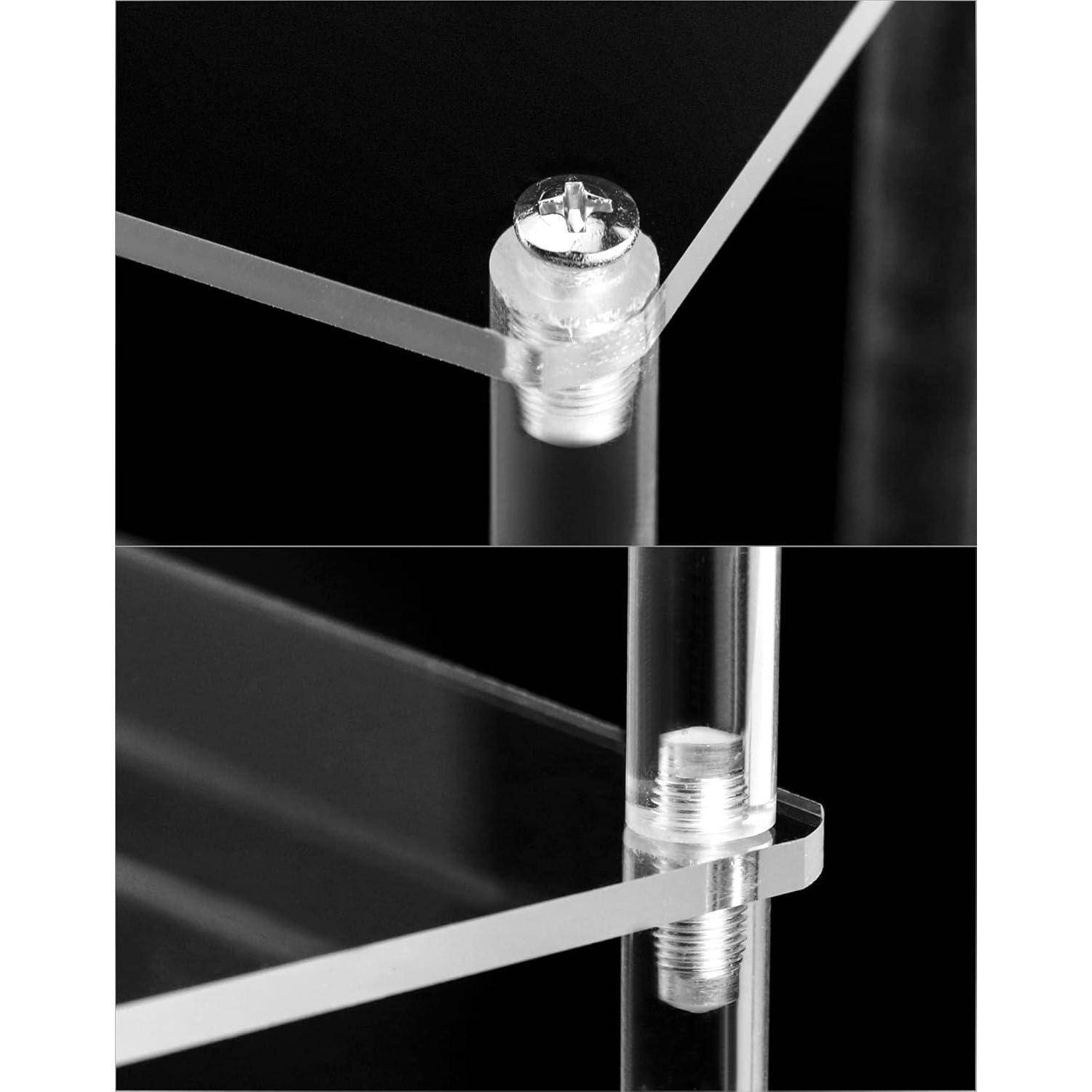 Nahaufnahme einer durchsichtigen Acrylregalkante mit einer Metallschraube, die sie befestigt, sowie eine Seitenansicht, die ihre Montage mit transparenten Stützen zeigt.
