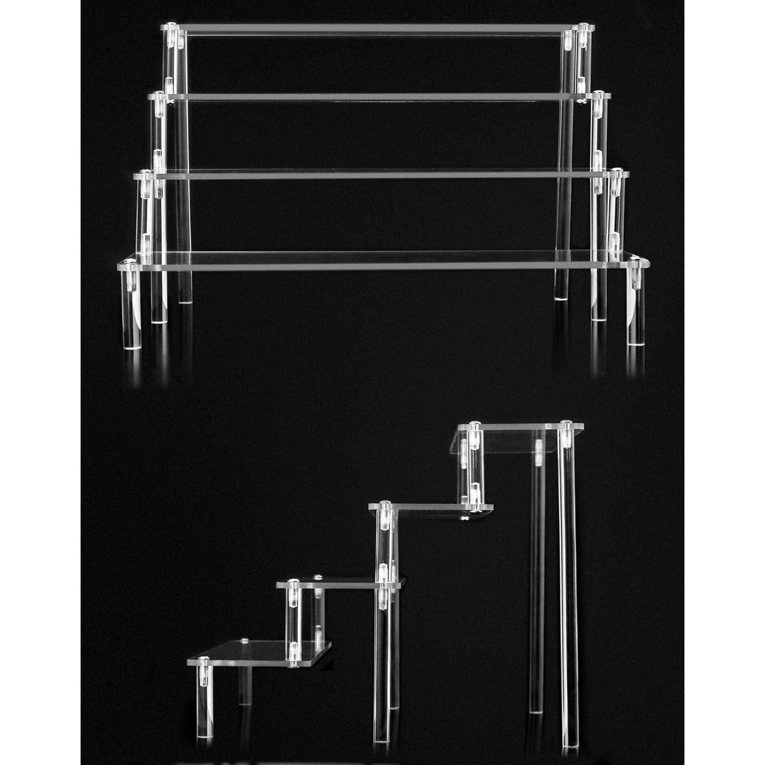 Transparenter Acryl-Displayständer mit drei Ebenen, von Vorder- und Seitenansicht gezeigt; ideal zur Präsentation von Artikeln in einem Einzelhandelsumfeld.