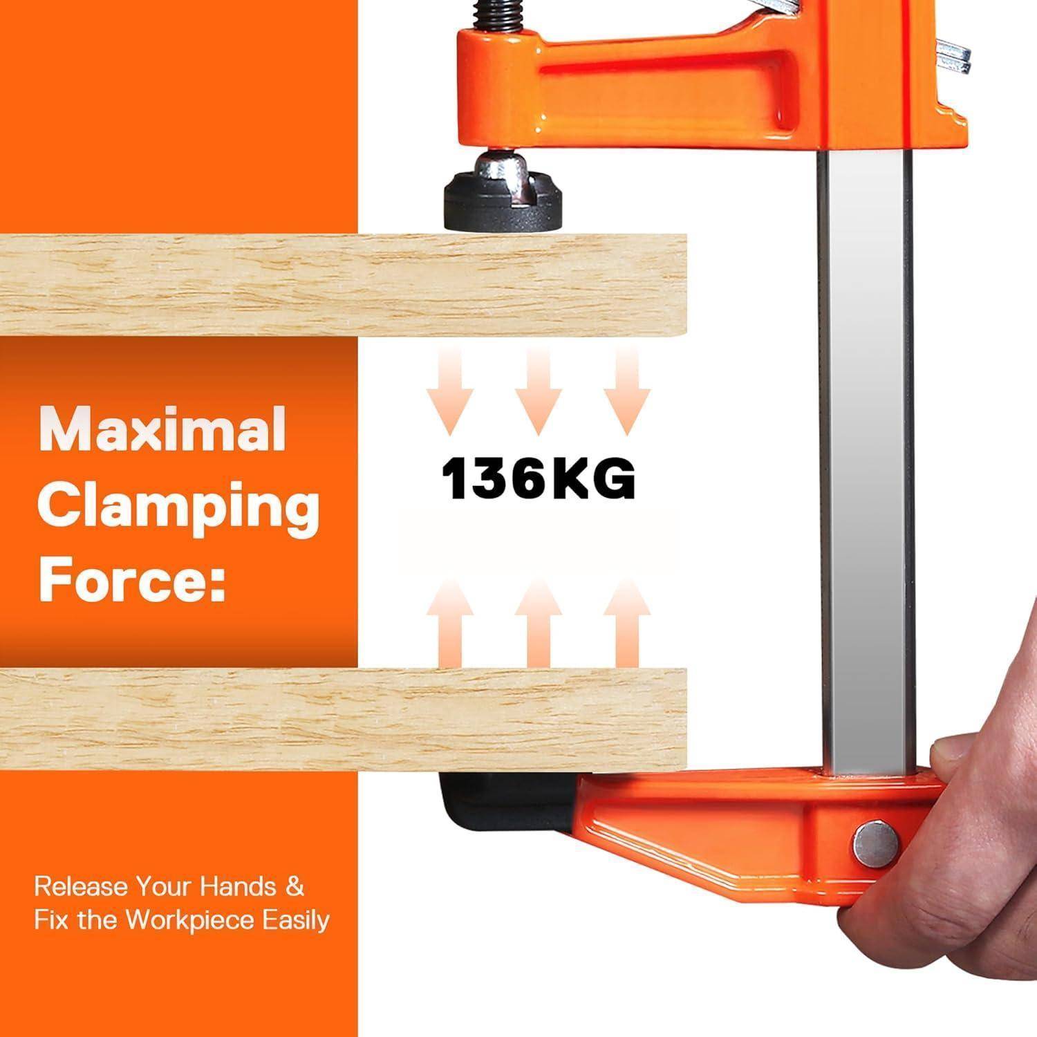 Eine Klemme, die eine Kraft von 136 kg auf zwei Holzplatten ausübt, mit orangefarbenen Griffen. Text besagt: 