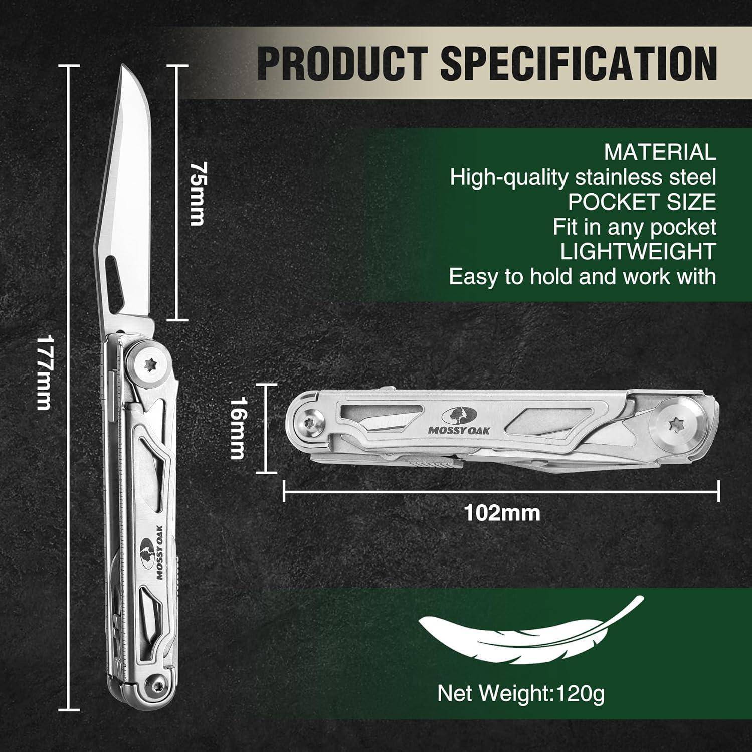 Mossy Oak Multitool. Abmessungen: 177mm x 75mm x 16mm. Material: hochwertiger Edelstahl. Leicht mit 120g. Taschengröße für maximale Praktikabilität.