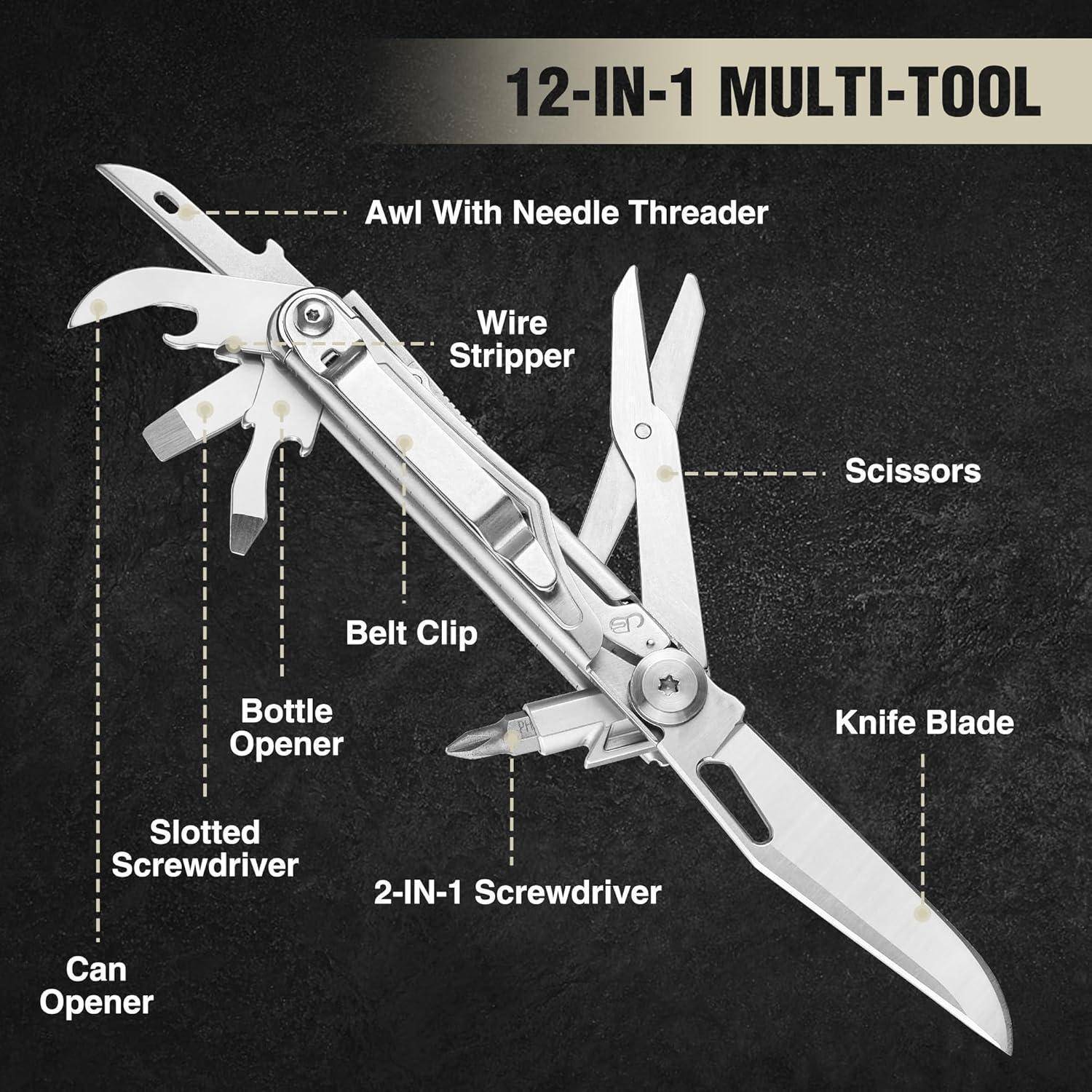 Ein 12-in-1 Multitool mit folgenden Funktionen: Pfriem mit Nähnadeleinfädeler, Abisolierzange, Schere, Gürtelclip, Messklinge, Flaschenöffner, 2-in-1 Schraubendreher, Schlitzschraubendreher, Dosenöffner.