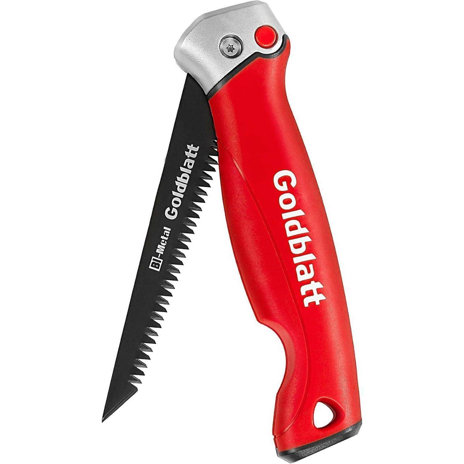 Eine rote Klapphandsäge mit einer schwarzen, gezahnten Klinge, markiert mit der Marke 'Goldblatt'. Der Griff verfügt über eine ergonomische Griffform für komfortable Nutzung.