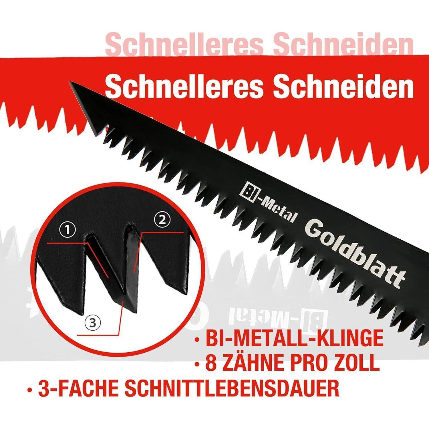 Eine Sägeblatt mit der Aufschrift 'Goldblatt BI-Metal' mit Text, der folgende Merkmale beschreibt: BI-METALL-KLINGE, 8 ZÄHNE PRO ZOLL, 3-FACHE SCHNITTLEBENSDAUER.