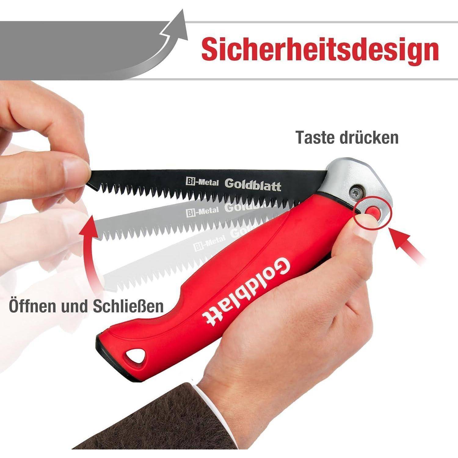 Klappbare Handsäge mit Sicherheitsdesign. Taste drücken zum Öffnen und Schließen der Klinge. Abbildung zeigt Handillustration für Bedienungsanleitung.