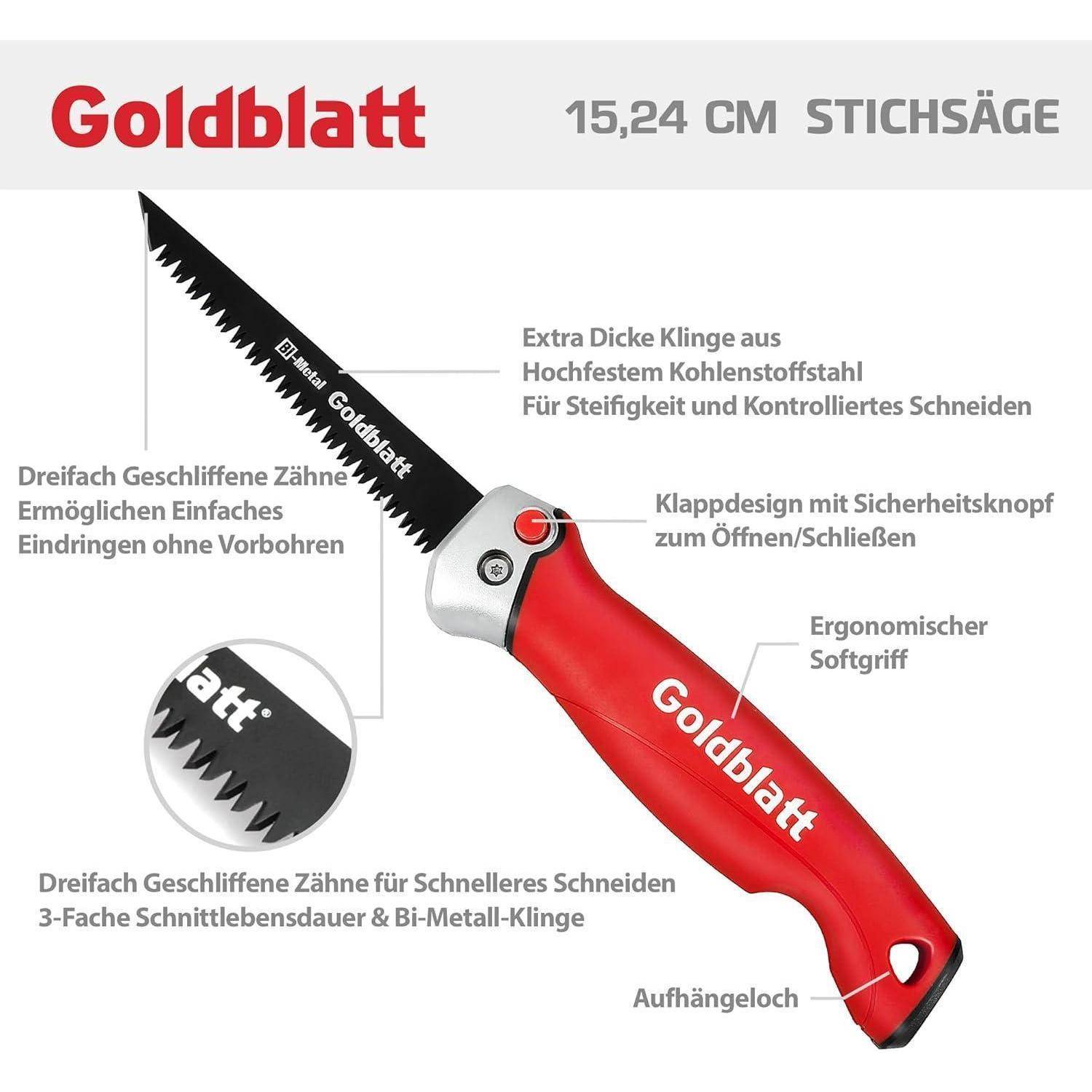 Roter Handsäge mit der Aufschrift 'Goldblatt', Merkmale umfassen einen ergonomischen Griff, Sicherheitsverriegelung und Klinge aus Kohlenstoffstahl für präzises Sägen. Größe: 15,24 cm.