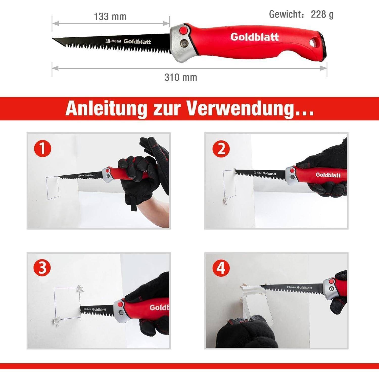 Eine rote Handsäge, die in einer Vier-Schritt-Anleitung zum Schneiden von Trockenbauwänden verwendet wird. Enthält Maßangaben und das Gewicht der Säge.