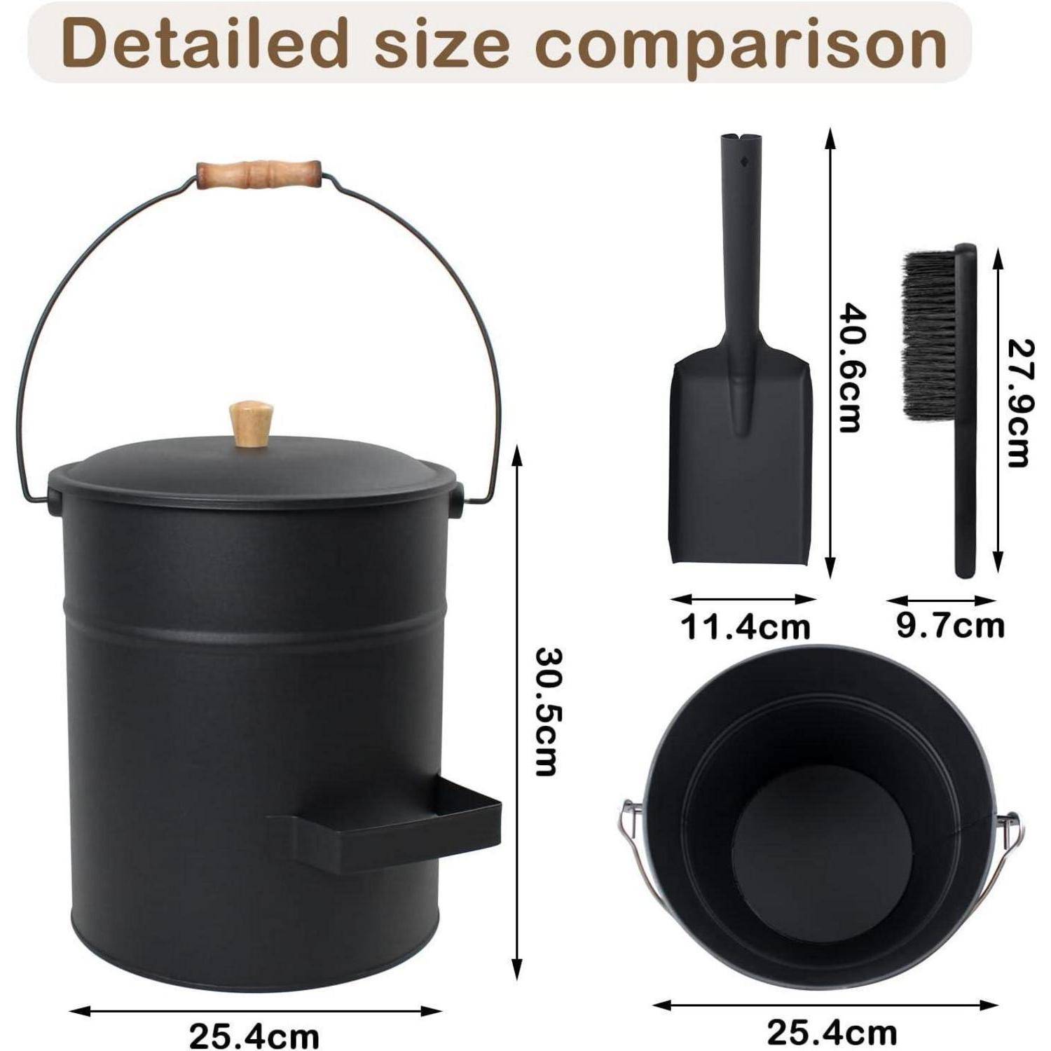 Ascheeimer mit Deckel, Kohleeimer 15L für Kamine, Schaufel und