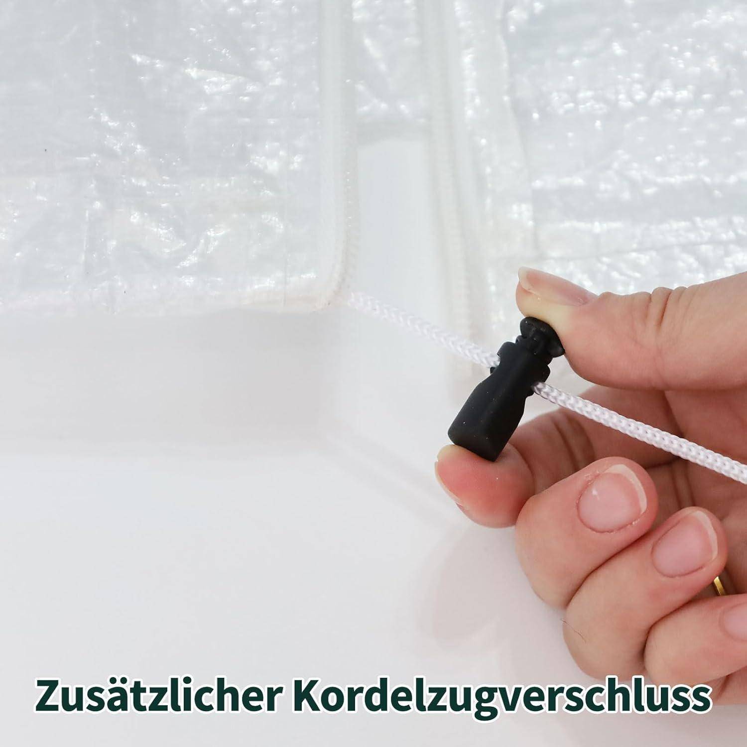 Eine Hand betätigt einen schwarzen Umschalter an einer weißen Kordelzug. Text liest sich 