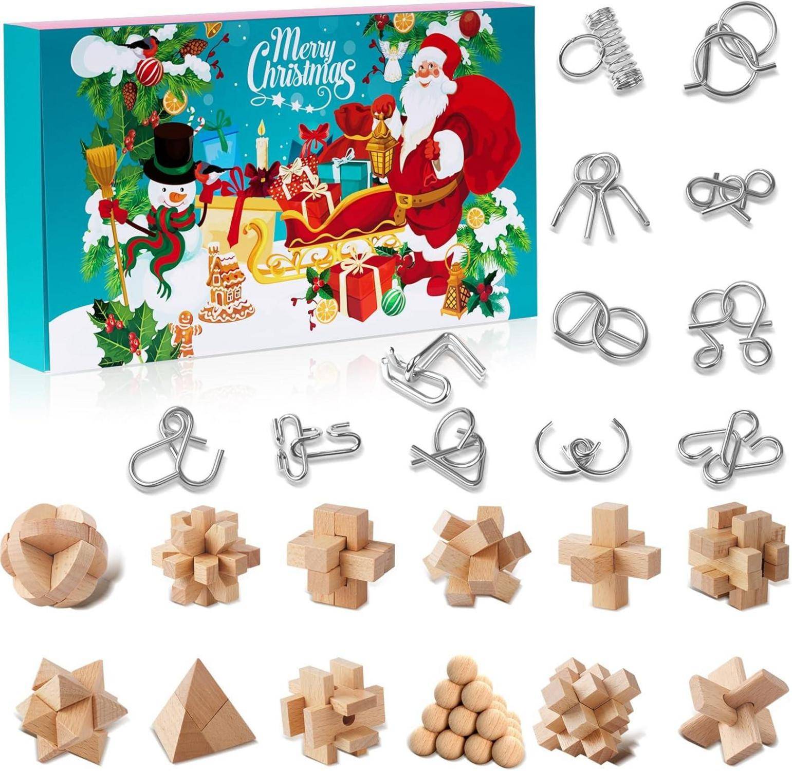 Adventskalender Knobelspiele 2024 Metall Holz Puzzle IQ für Kinder