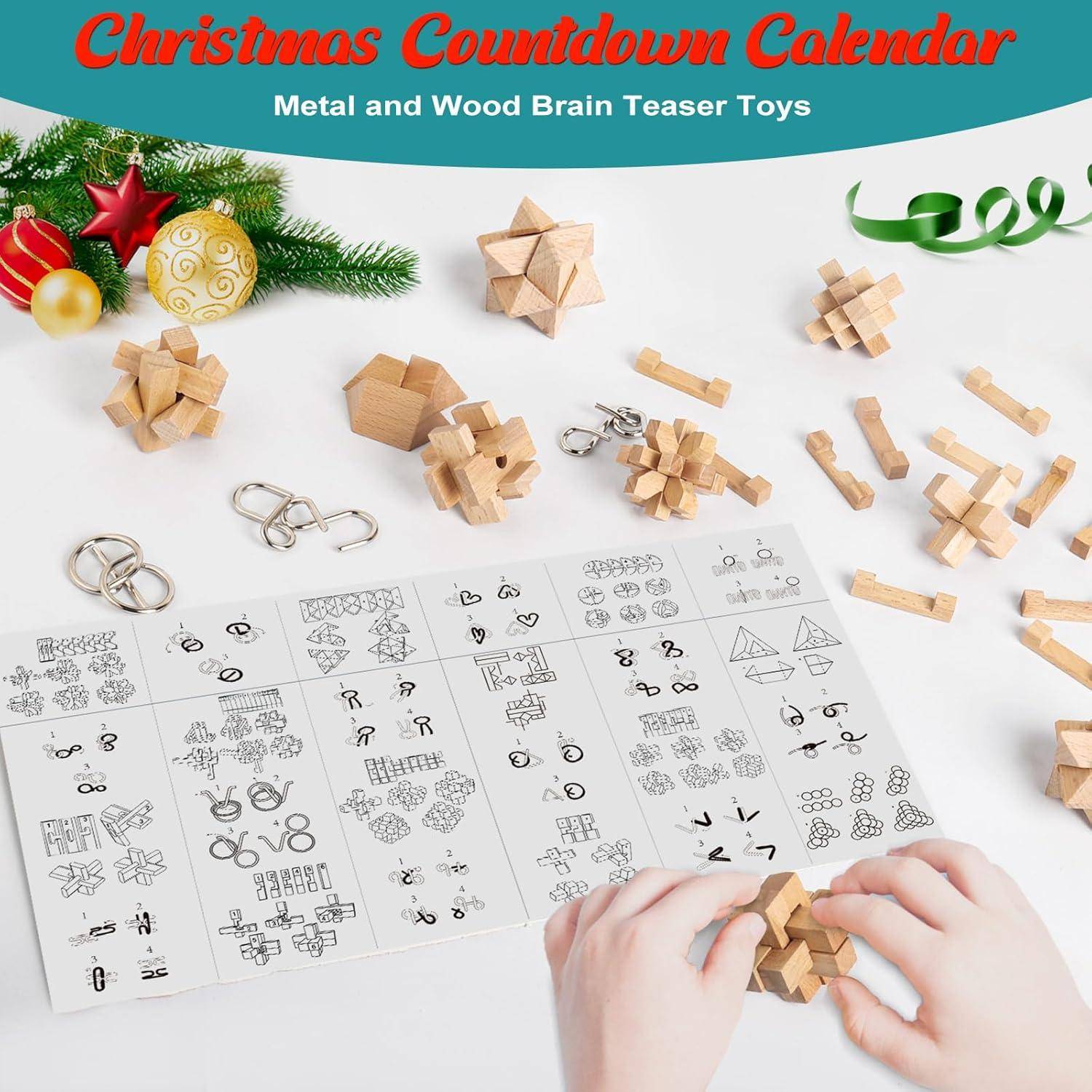 Adventskalender Knobelspiele 2024 Metall Holz Puzzle IQ für Kinder