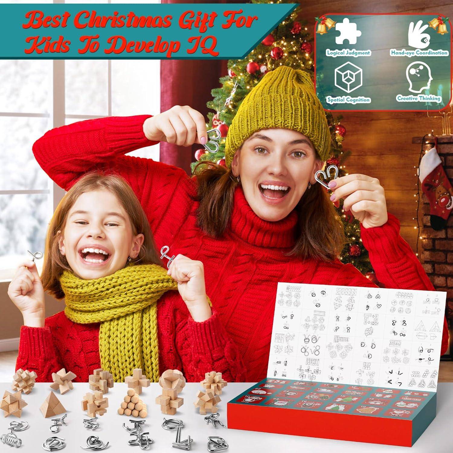 Adventskalender Knobelspiele 2024 Metall Holz Puzzle IQ für Kinder