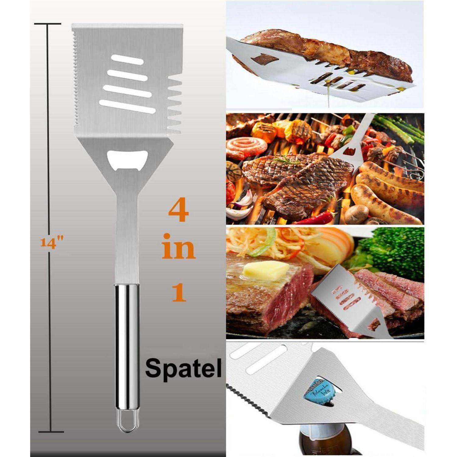 Ein Grillwender aus Edelstahl mit gezackter Kante, Flaschenöffner, Fleischklopfer und geschlitztem Design. Zum Grillen von Fleisch und Fisch verwendet.