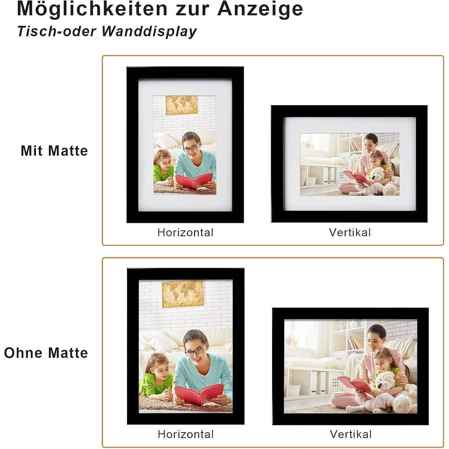 Anzeigeoptionen mit Passepartout: obere Reihe zeigt gerahmte Fotos mit Passepartout in horizontalen und vertikalen Formaten; untere Reihe ohne Passepartout.