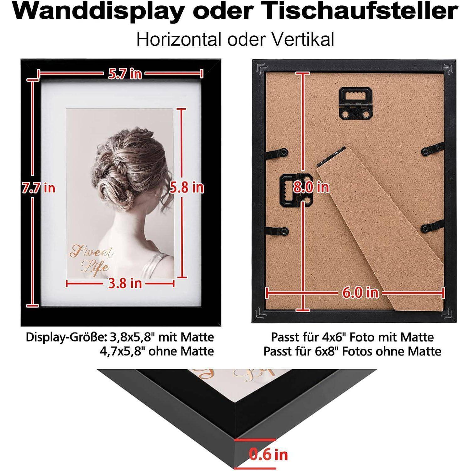 Rahmenabmessungen für Wanddisplay oder Tischaufsteller: 7,7 Zoll x 5,8 Zoll (Fotobereich), 3,8 Zoll x 5,8 Zoll (Displaygröße), geeignet für 4